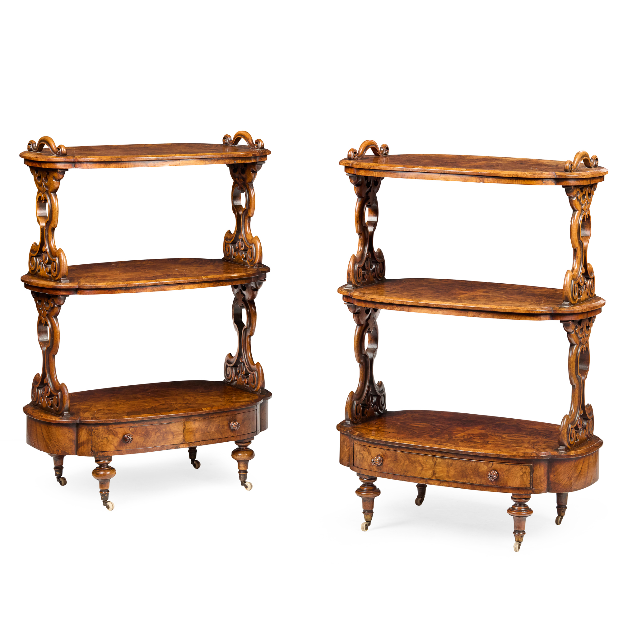 PAIR OF EARLY VICTORIAN WALNUT OVAL WHATNOTS