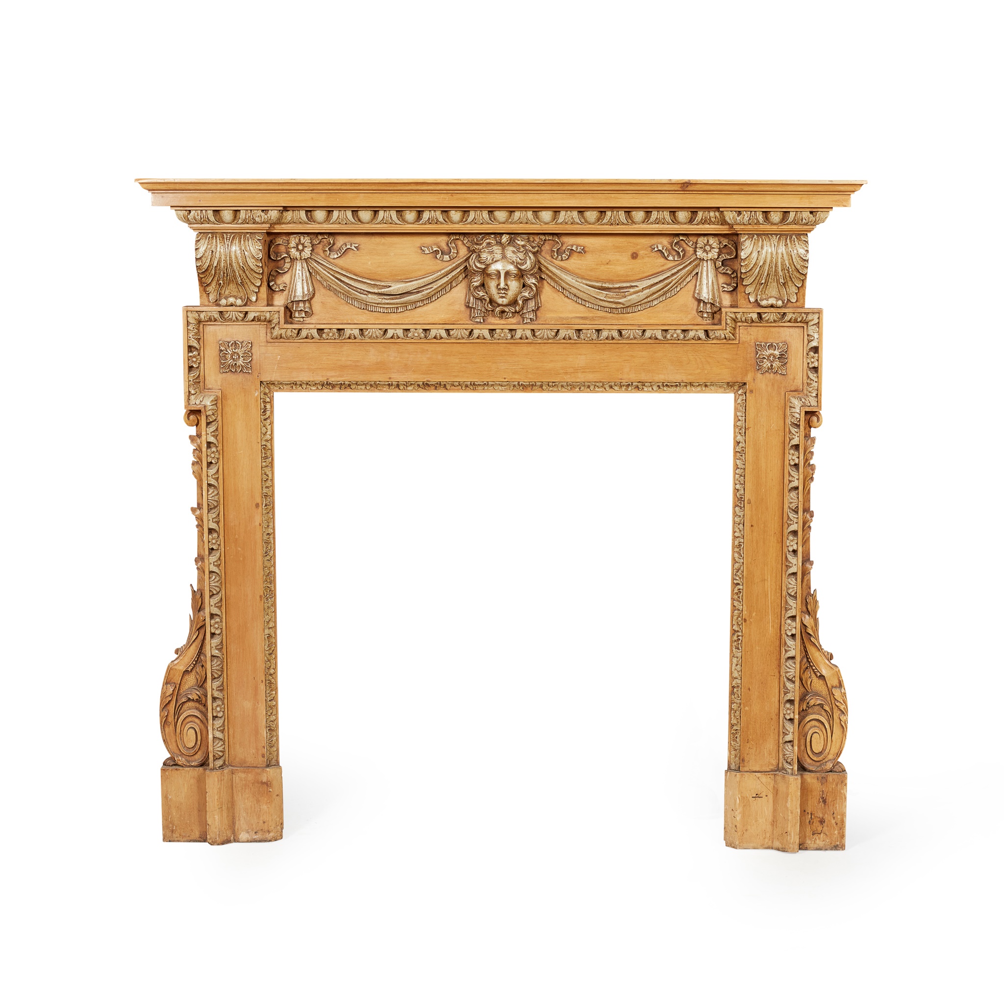 GEORGE II STYLE CARVED AND PAINTED PINE FIRE SURROUND