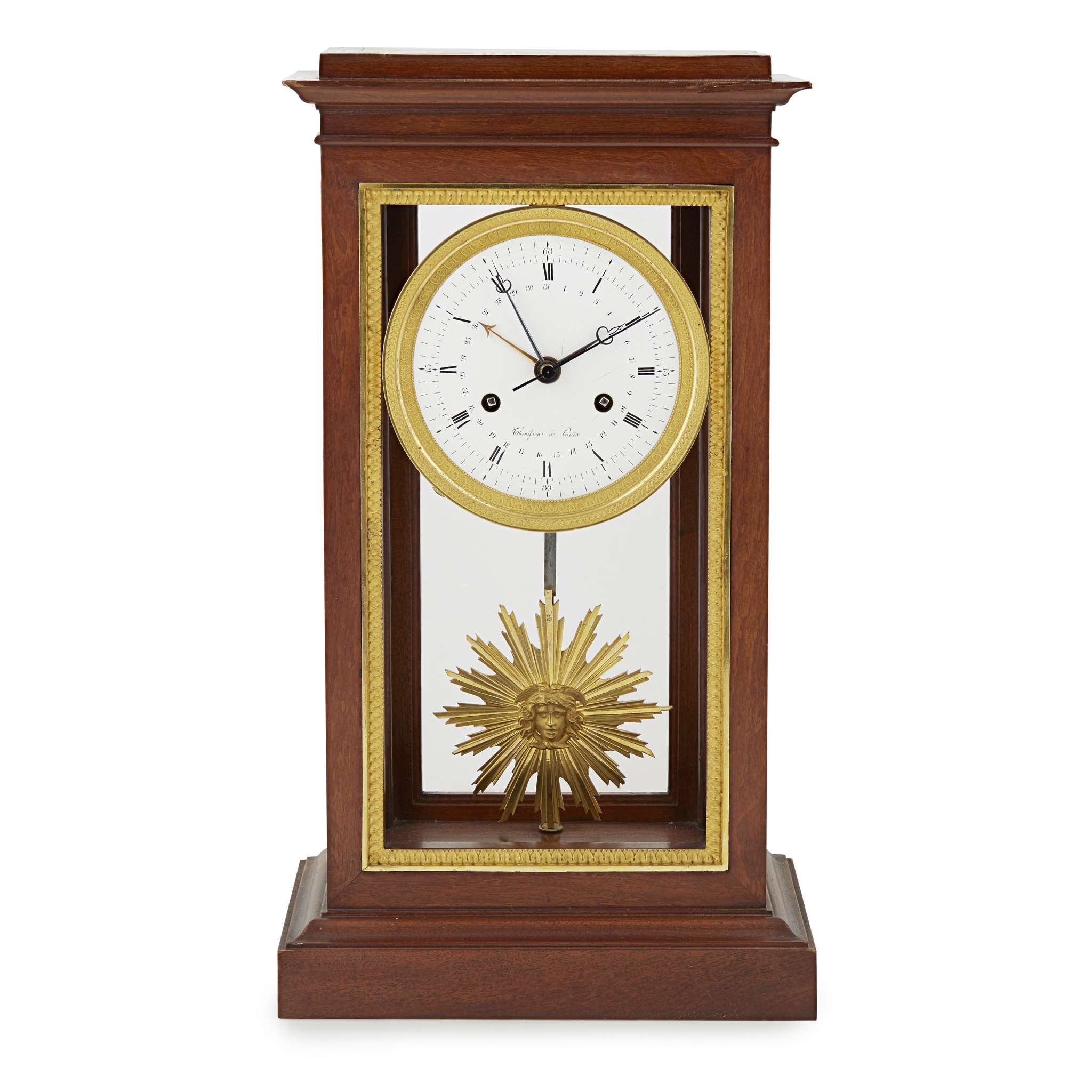 FRENCH EMPIRE MAHOGANY AND GILT METAL PORTICO CLOCK, THONISSEN, PARIS
