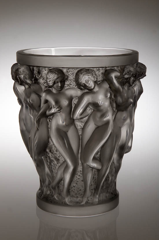 "Bacchantes", a Lalique clear, frosted and blue-stained glass vase,