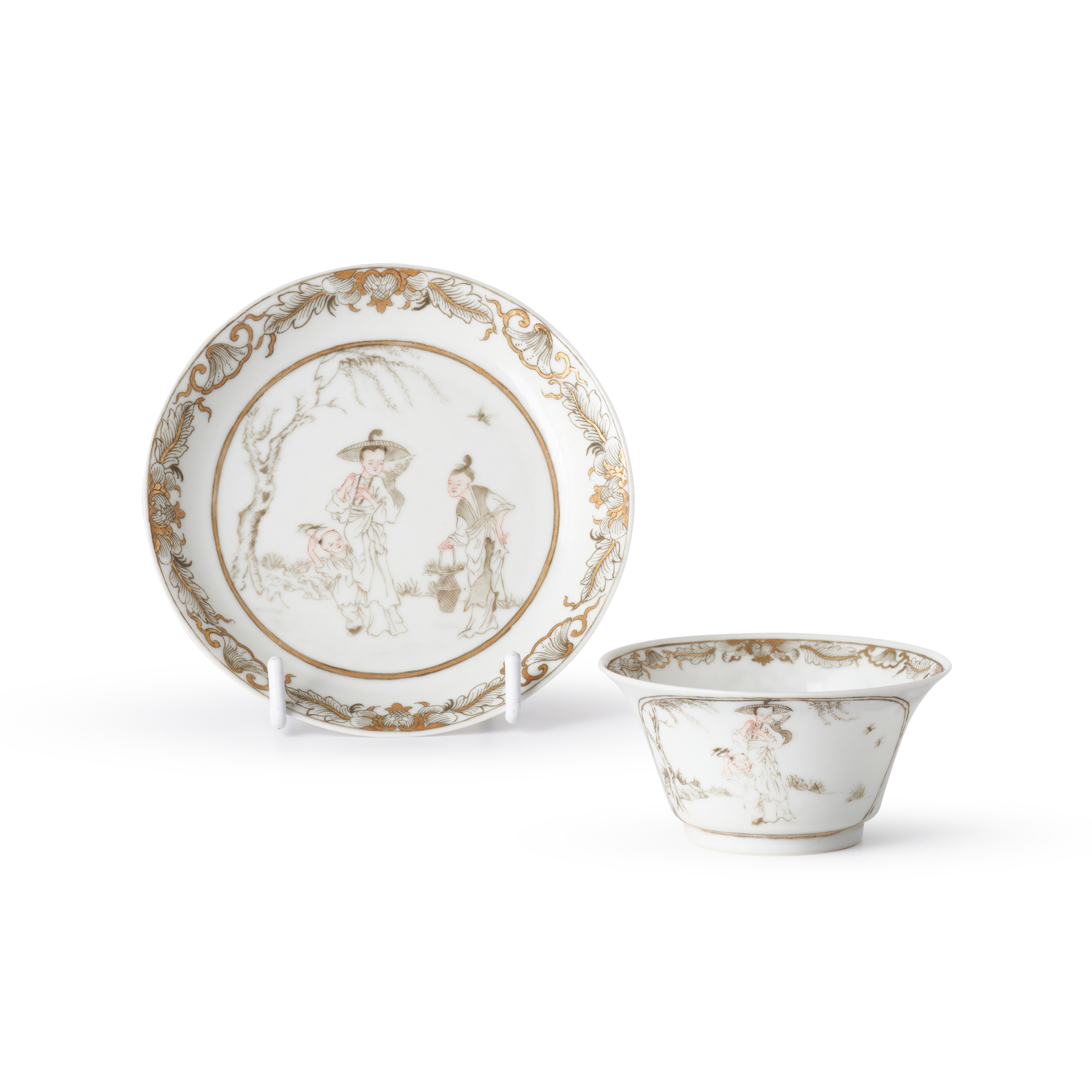 SET OF GRISAILLE AND GILT-DECORATED CUP AND SAUCER