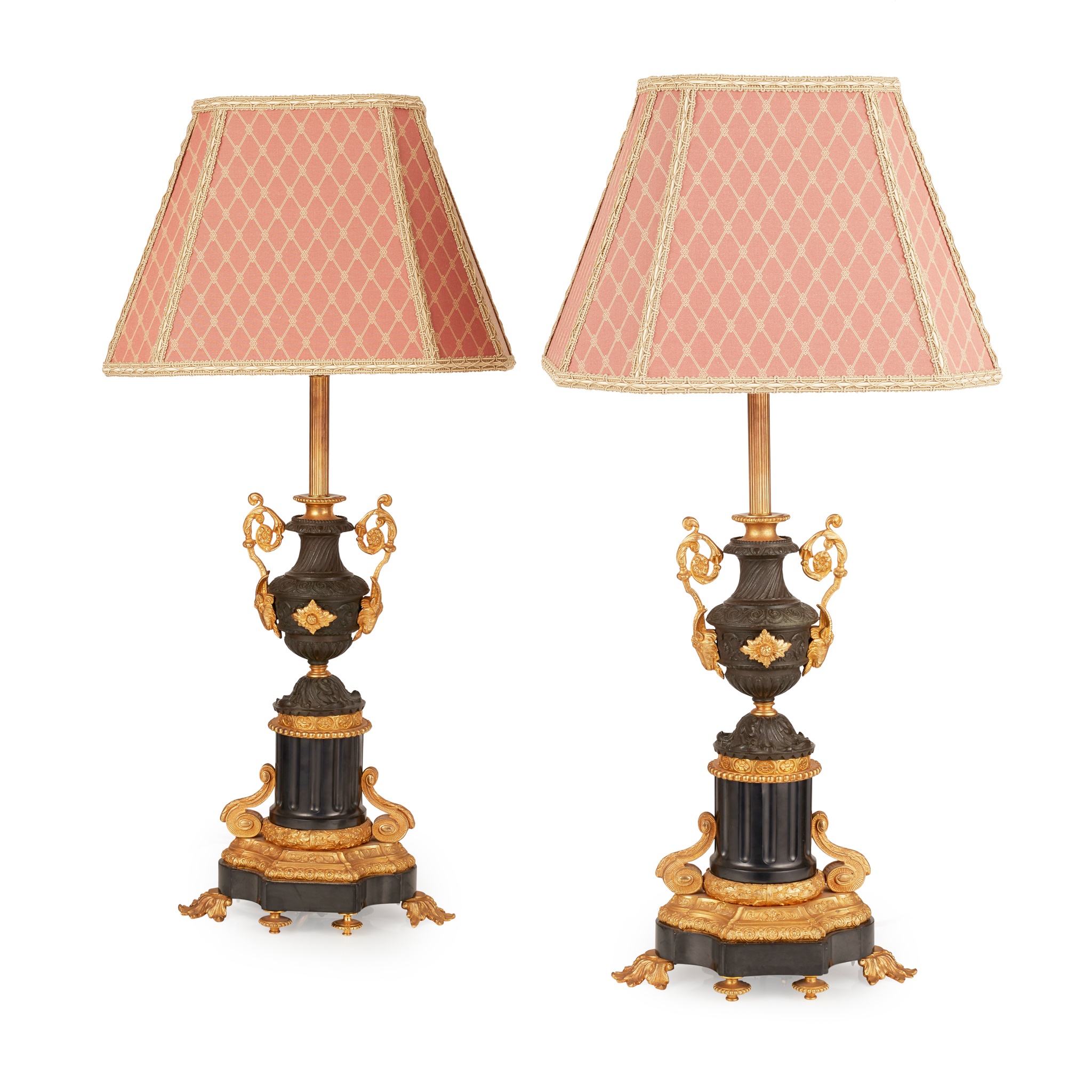 PAIR OF LOUIS XIV STYLE BLACK MARBLE, GILT AND PATINATED METAL LAMPS