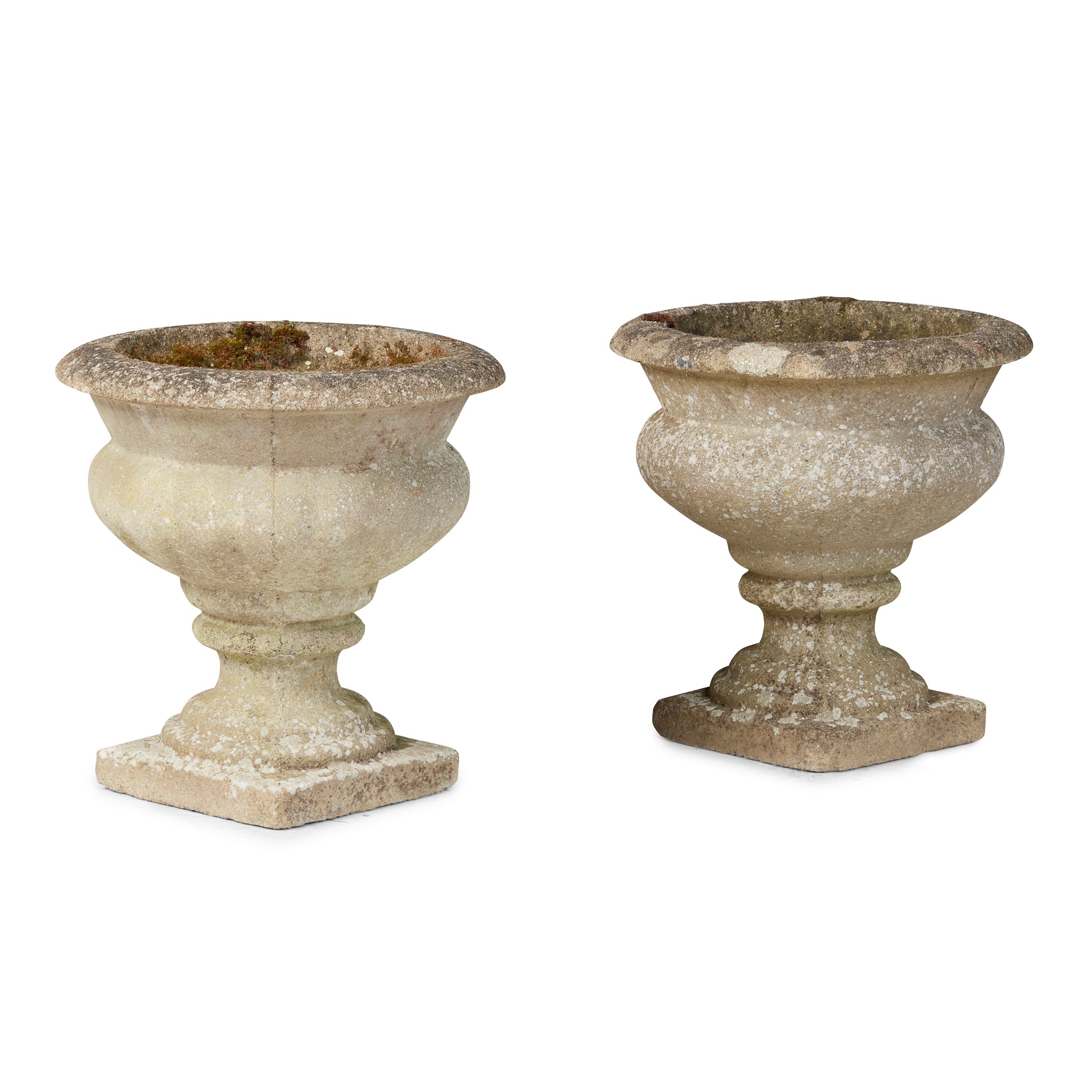 PAIR OF SMALL COMPOSITION STONE GARDEN URNS