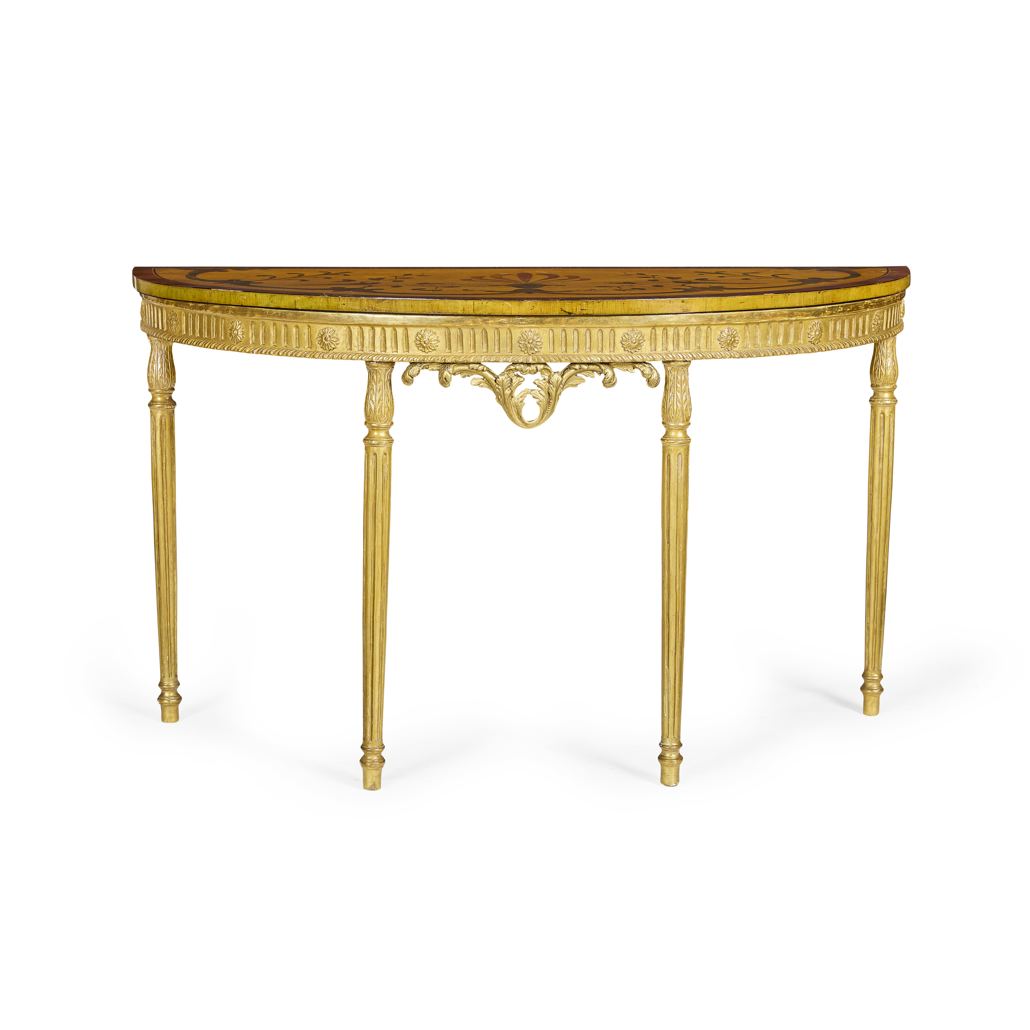GEORGE III SATINWOOD, MARQUETRY, AND GILTWOOD DEMI-LUNE CONSOLE TABLE