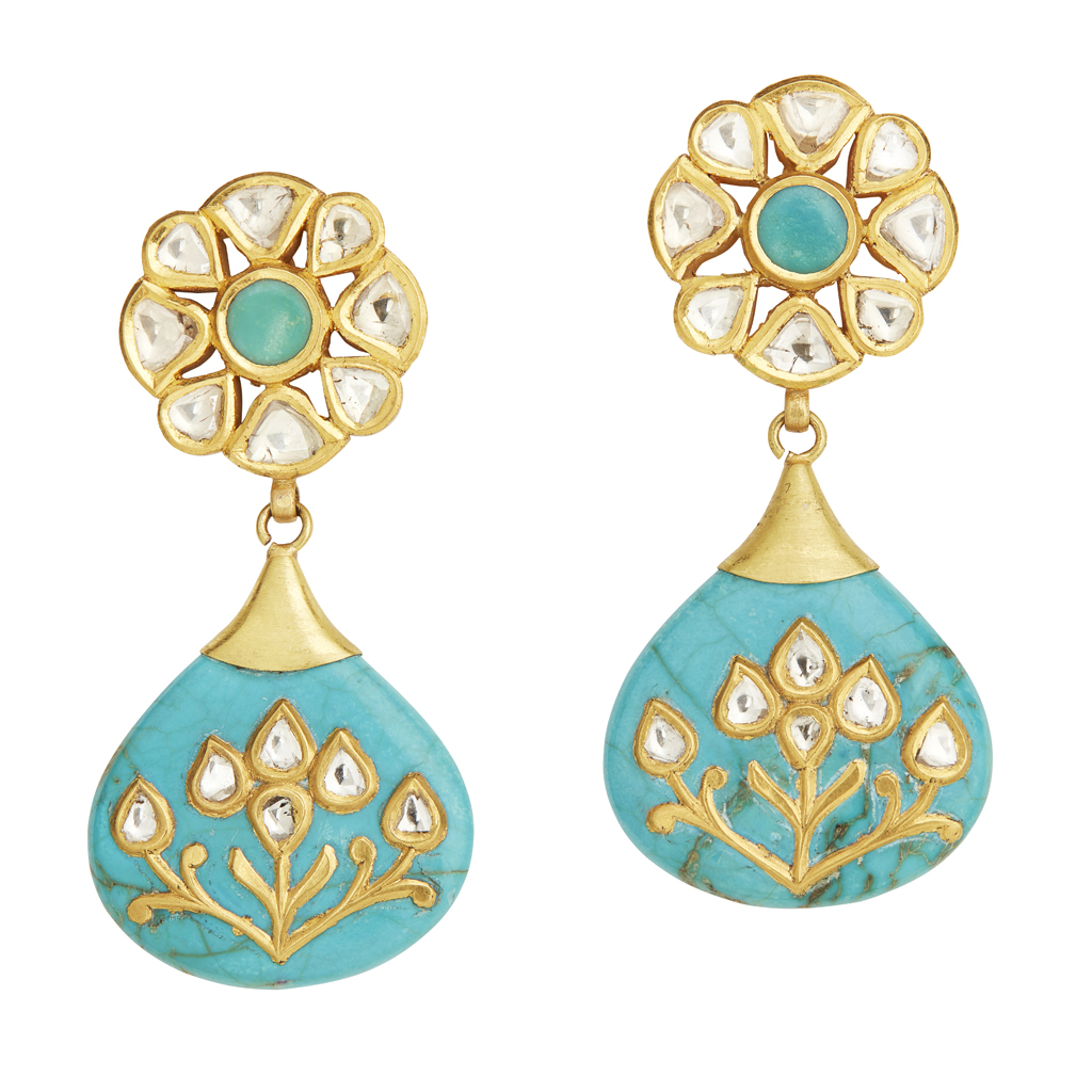 A pair of Indian diamond and turquoise set ear pendants
