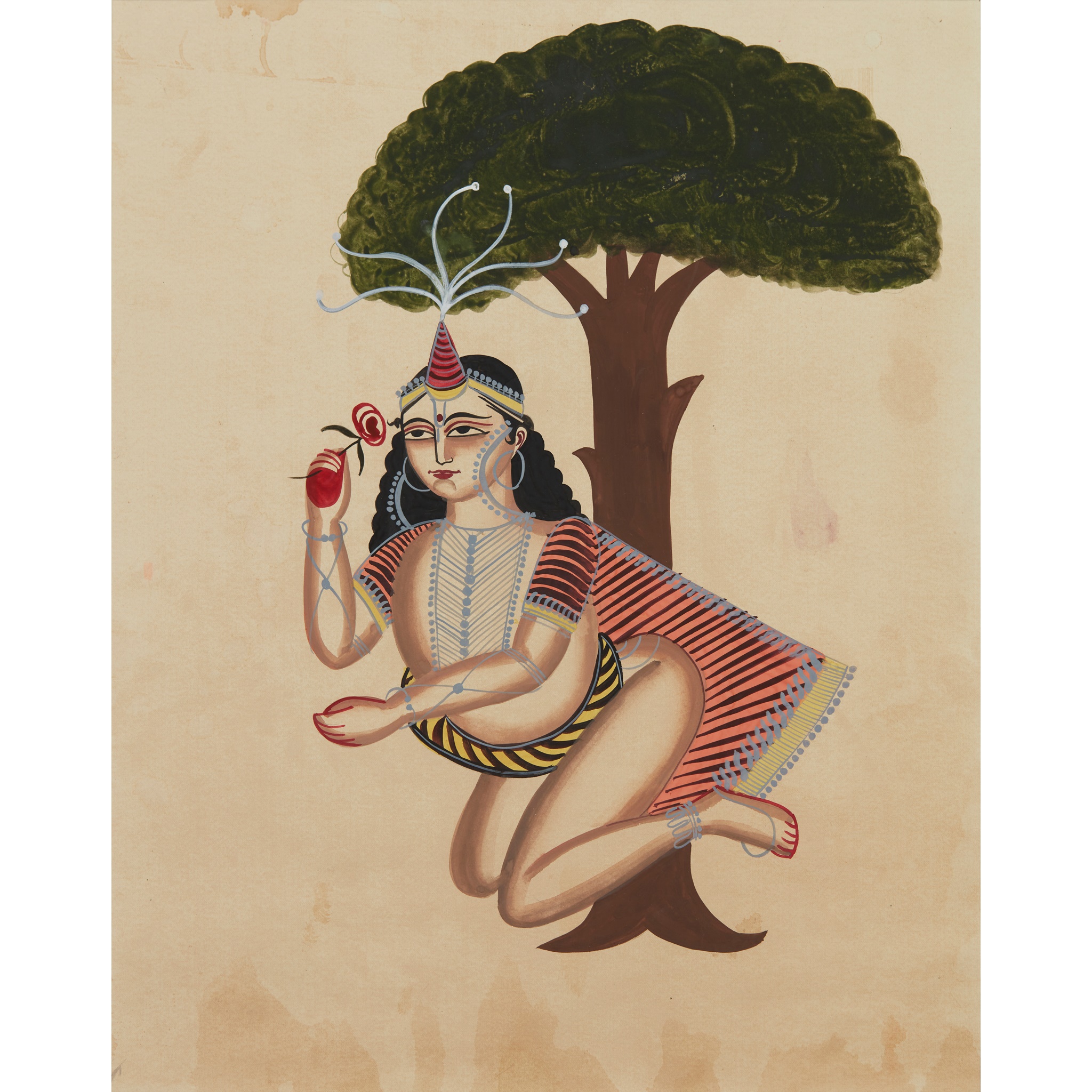 KALIGHAT PAINTING OF FEMALE DEITY UNDER A TREE