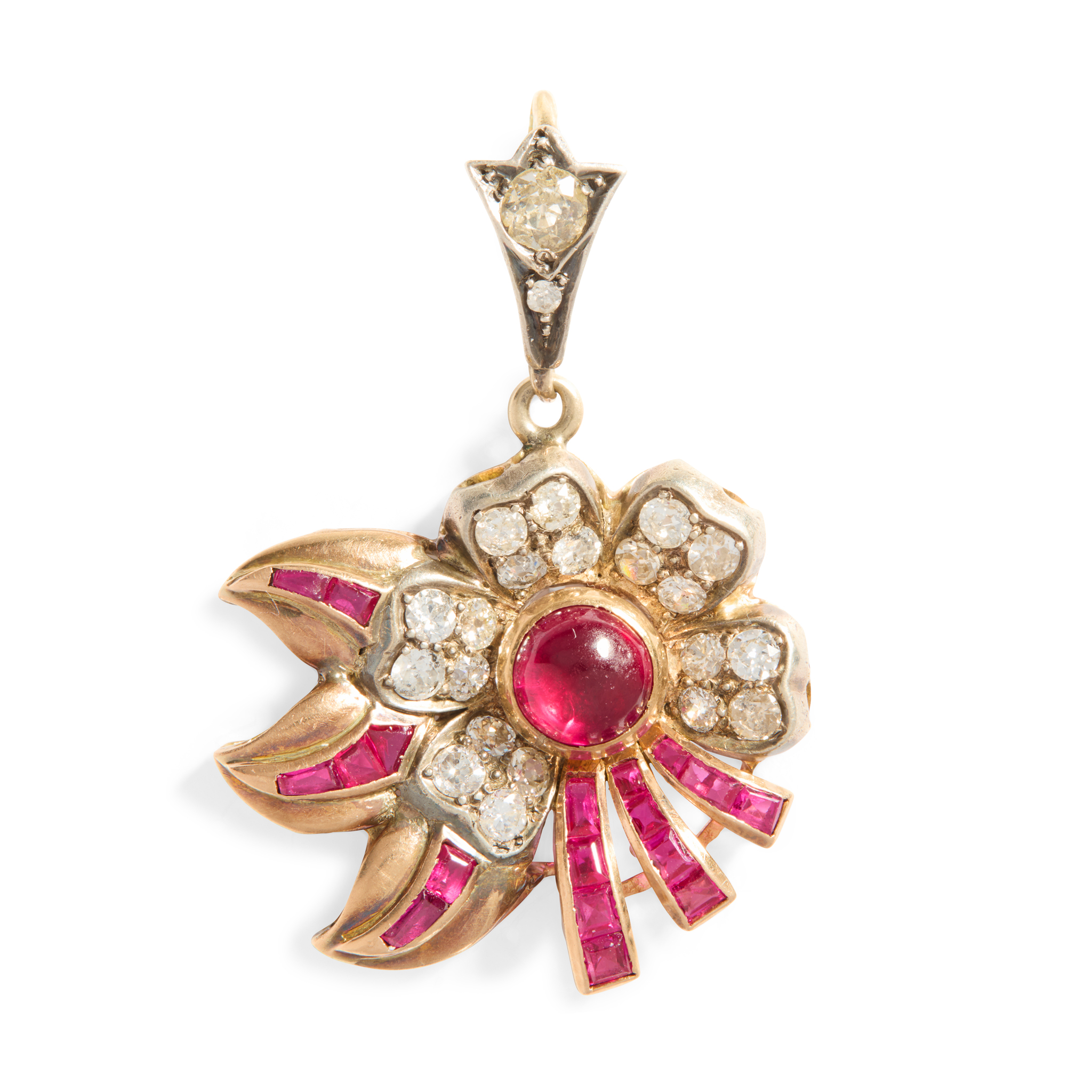 A ruby and diamond floral pendant