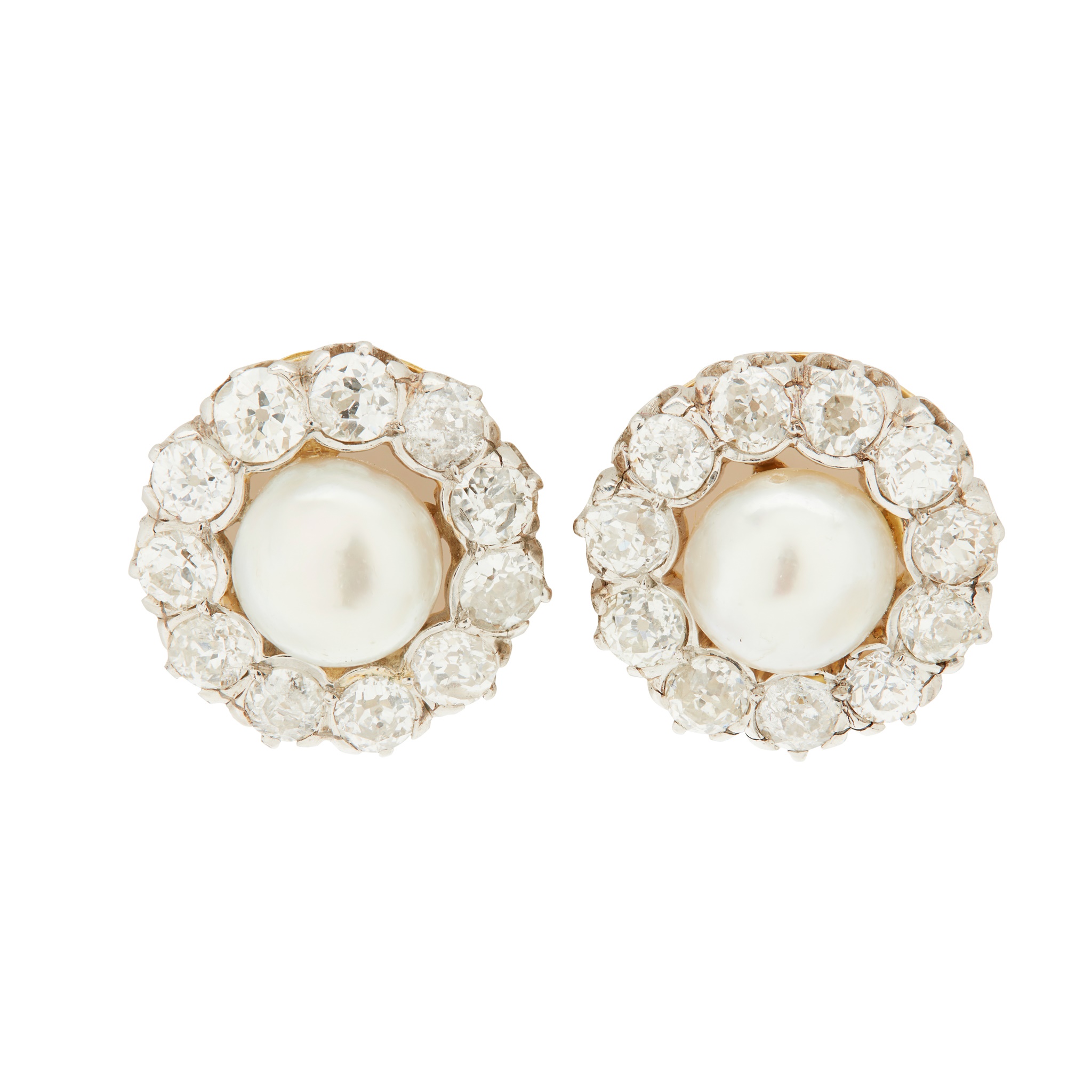 A pair of pearl and diamond cluster earrings