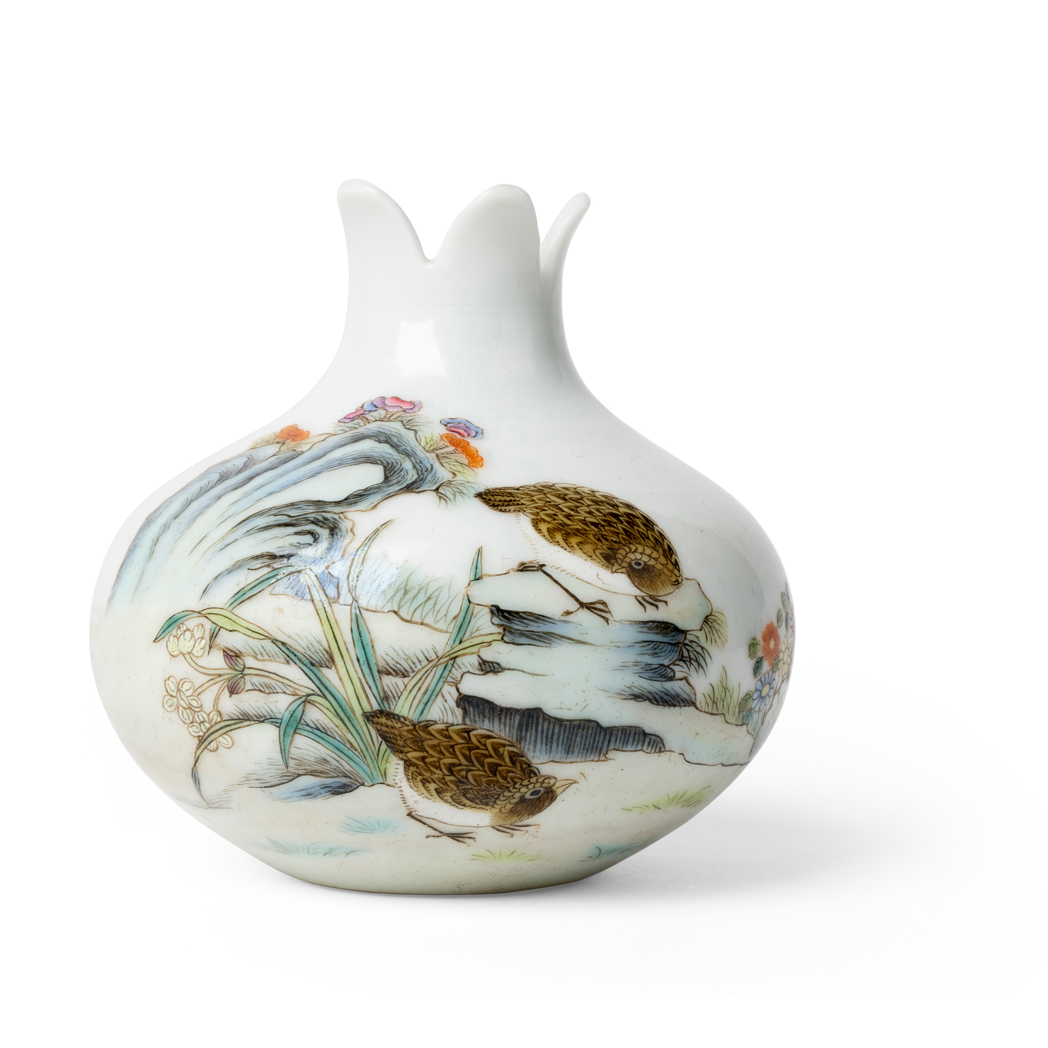 SMALL CHINESE FAMILLE ROSE 'QUAIL' 'POMEGRANATE' JAR