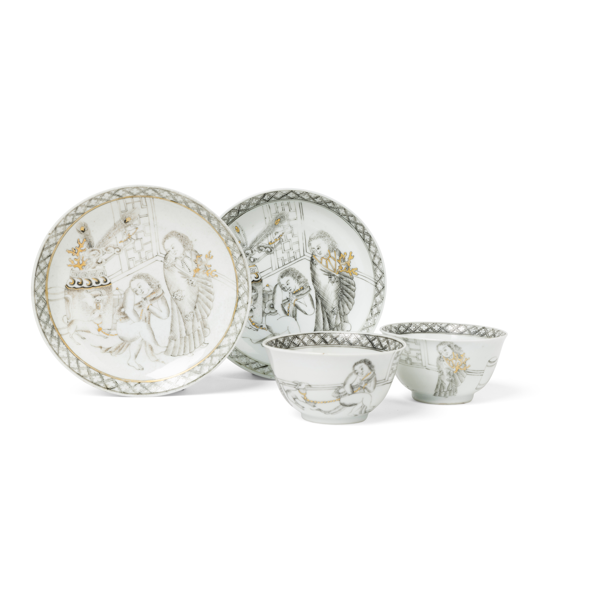 TWO PAIRS OF CHINESE GRISAILLE 'FOREIGNER AND HOUND' CUPS AND SAUCERS