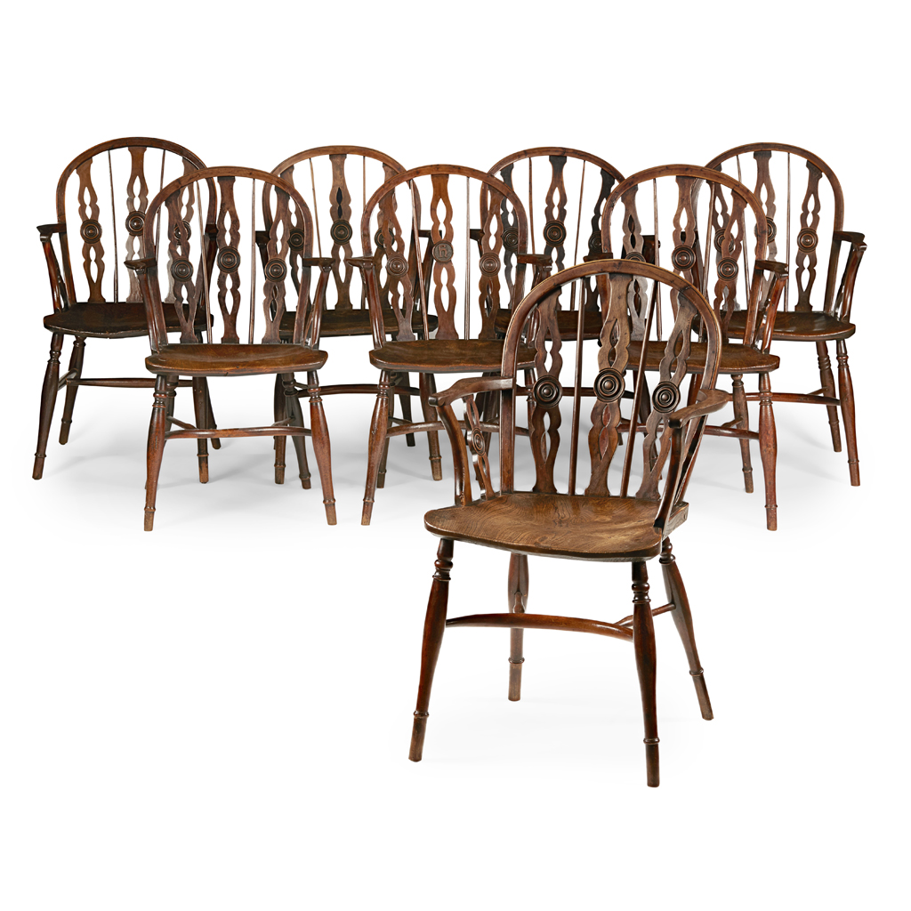 ASSEMBLED SET OF EIGHT ELM AND YEW WINDSOR ARMCHAIRS, ATTRIBUTED TO ROBERT PRIOR OF UXBRIDGE