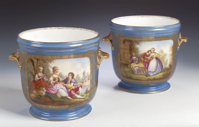 A pair of 19th century Sevres style twin handled cache pots,