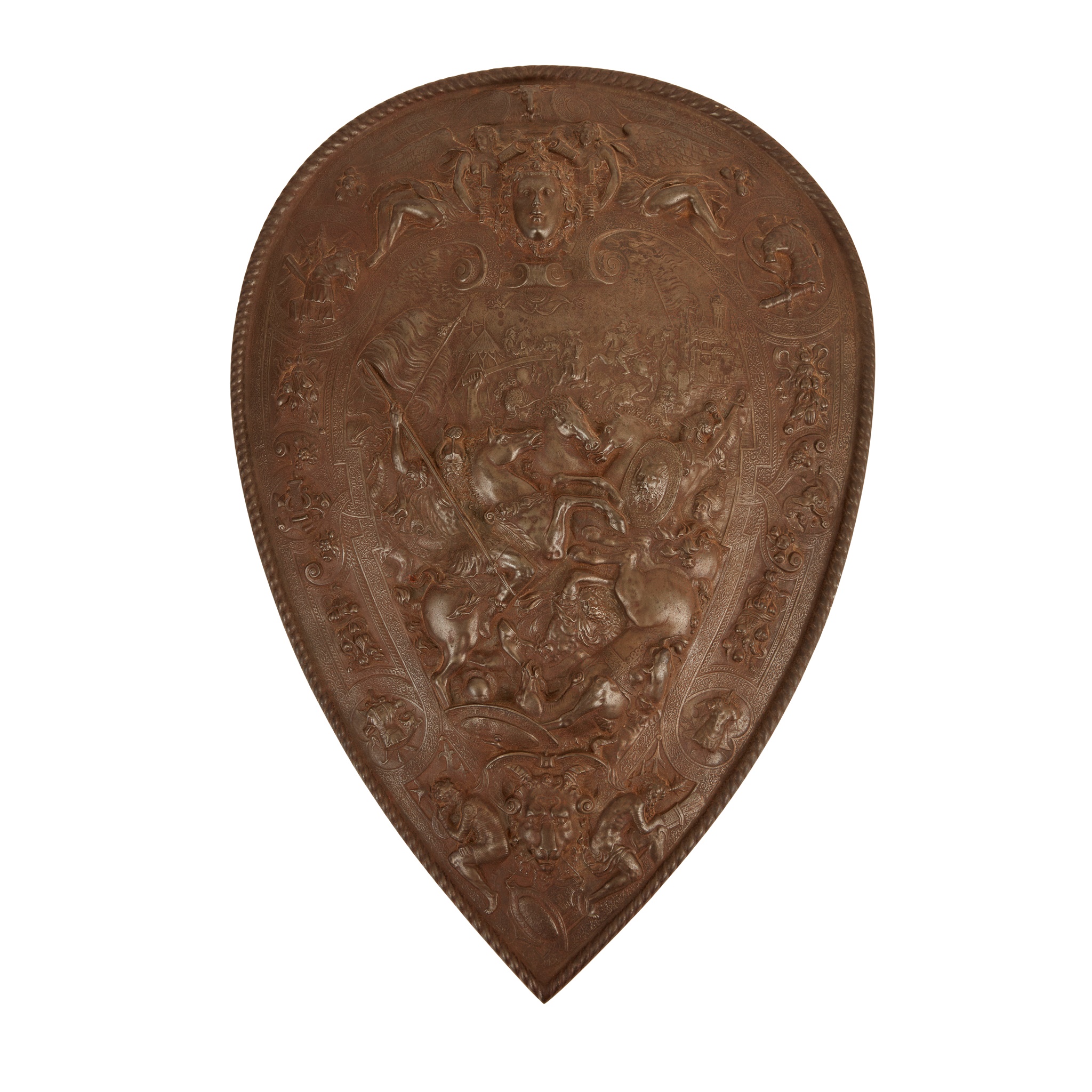 CAST IRON COPY OF HENRY II OF FRANCE'S PARADE ARMOUR SHIELD