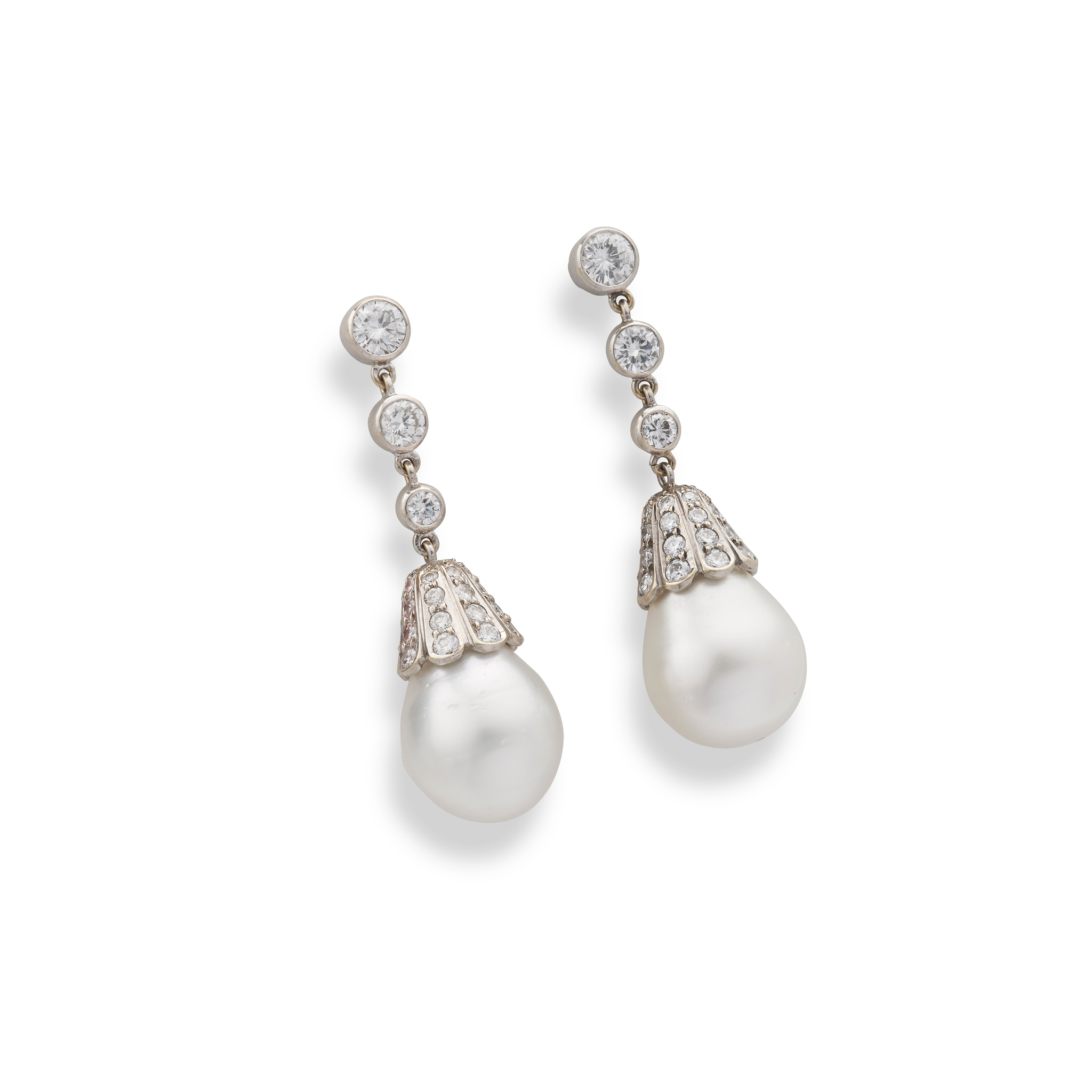 A pair of cultured pearl and diamond pendent earrings