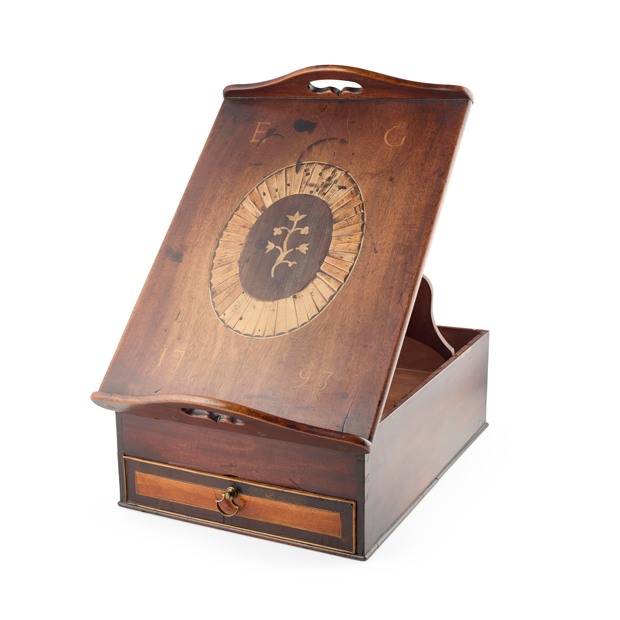 GEORGE III MAHOGANY AND FRUITWOOD BIBLE BOX AND 2 VOL. PRIESTLEY'S BIBLE