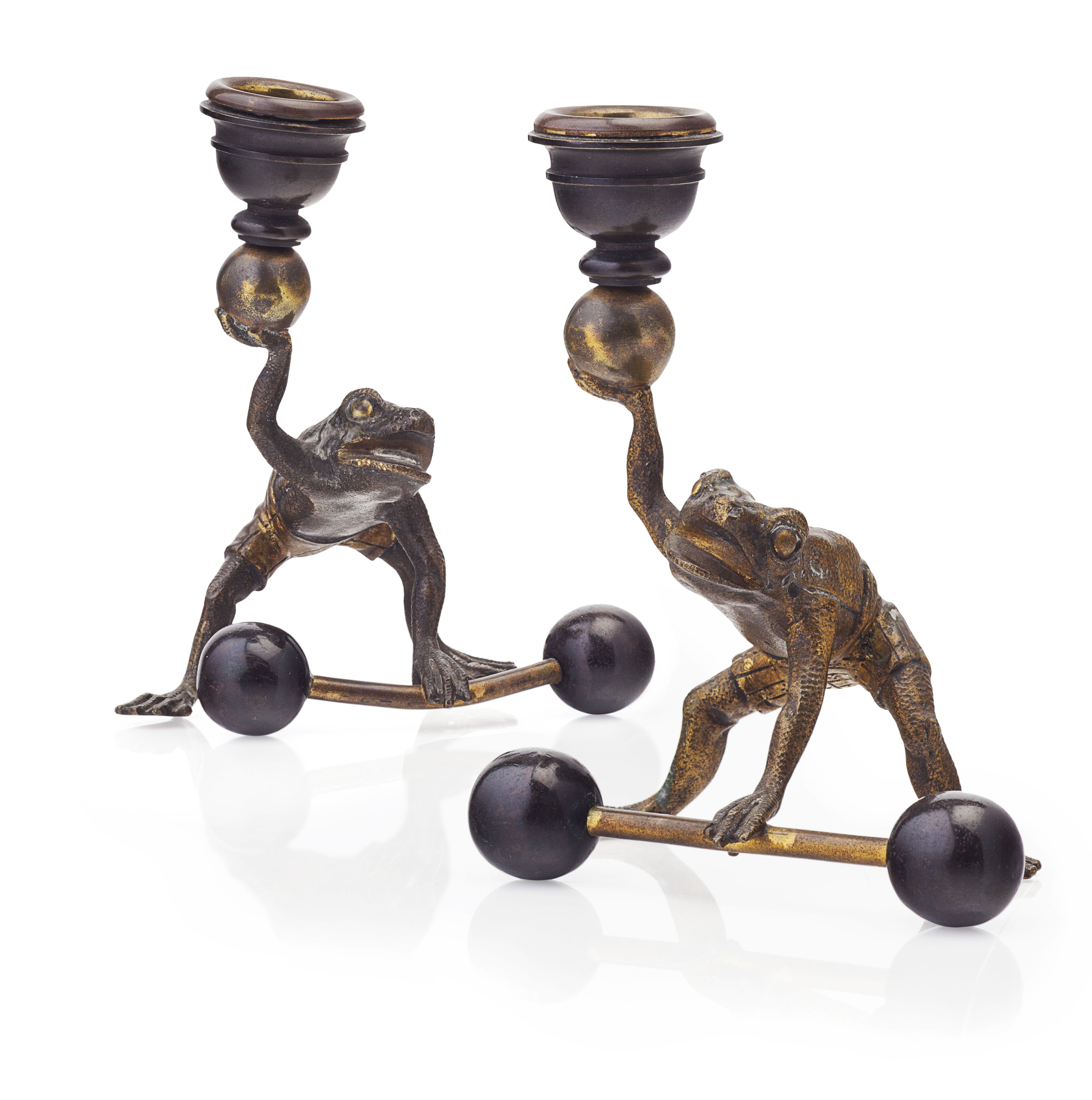 PAIR OF AUSTRIAN NOVELTY PATINATED AND GILT BRONZE CANDLESTICKS