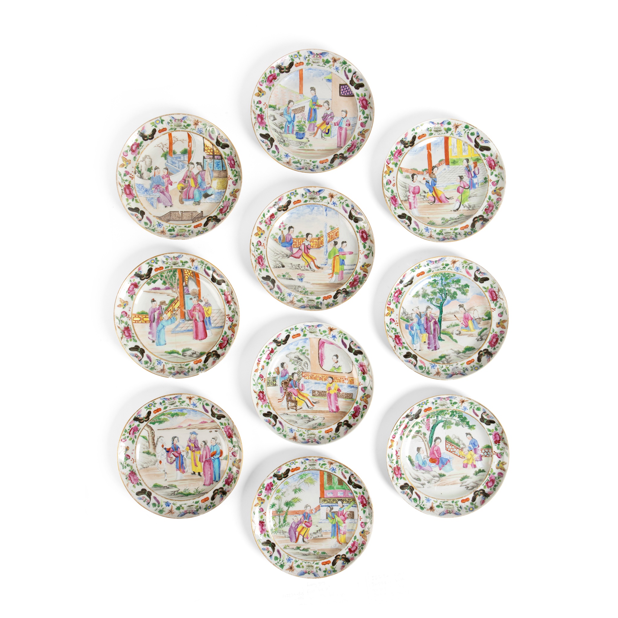 GROUP OF TEN FAMILLE ROSE 'LADY'S LIFE' DISHES