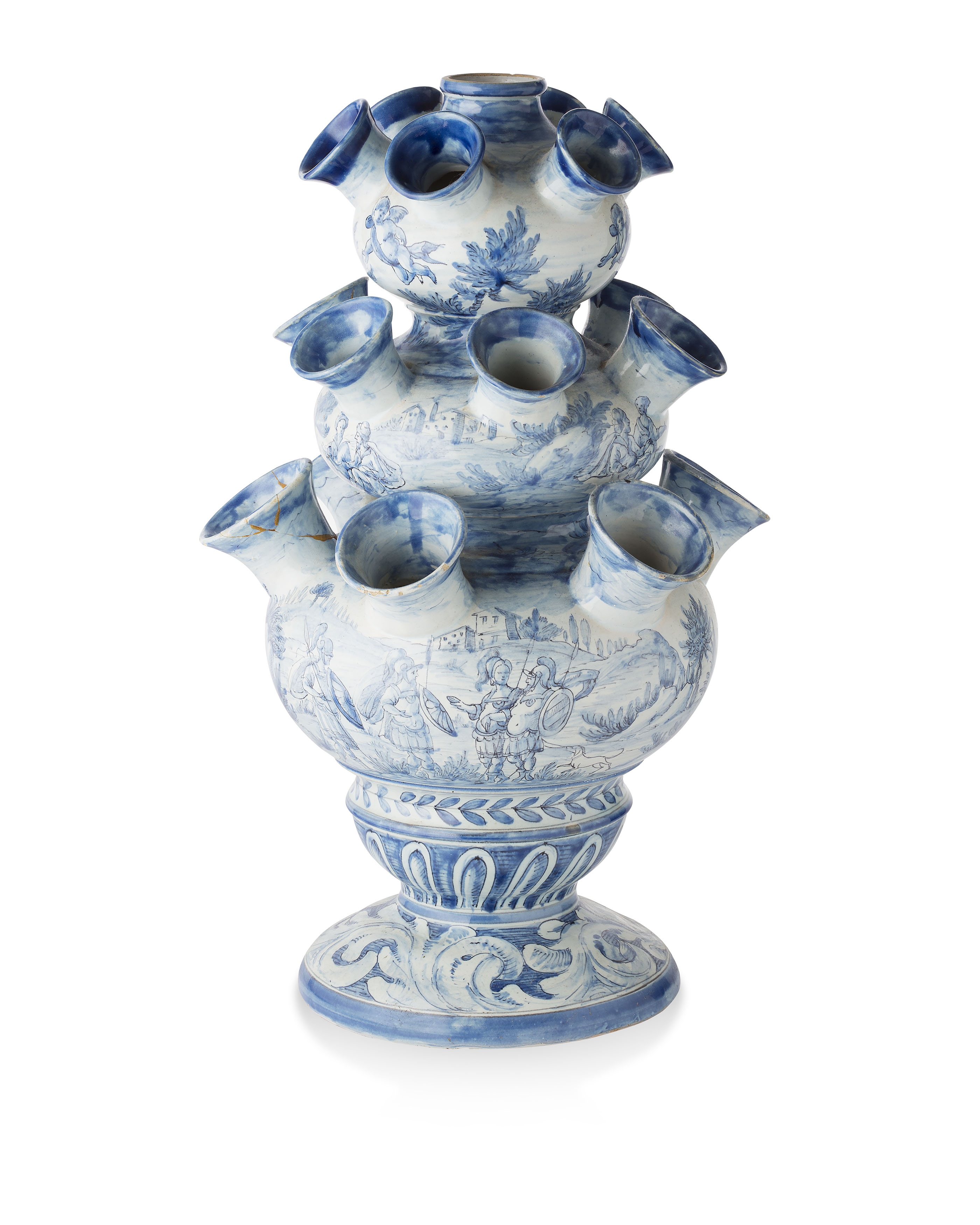 TWO FAIENCE BLUE AND WHITE TULIPIERE VASES