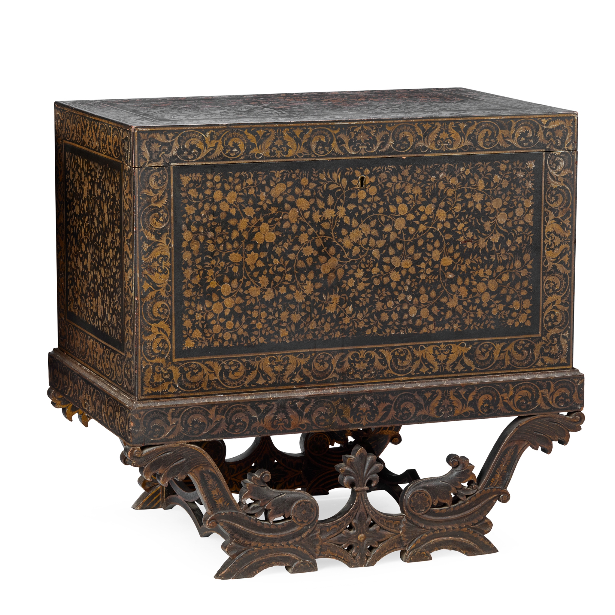 ANGLO-INDIAN BAREILLES BLACK LACQUERED AND GILT CHEST-ON-STAND