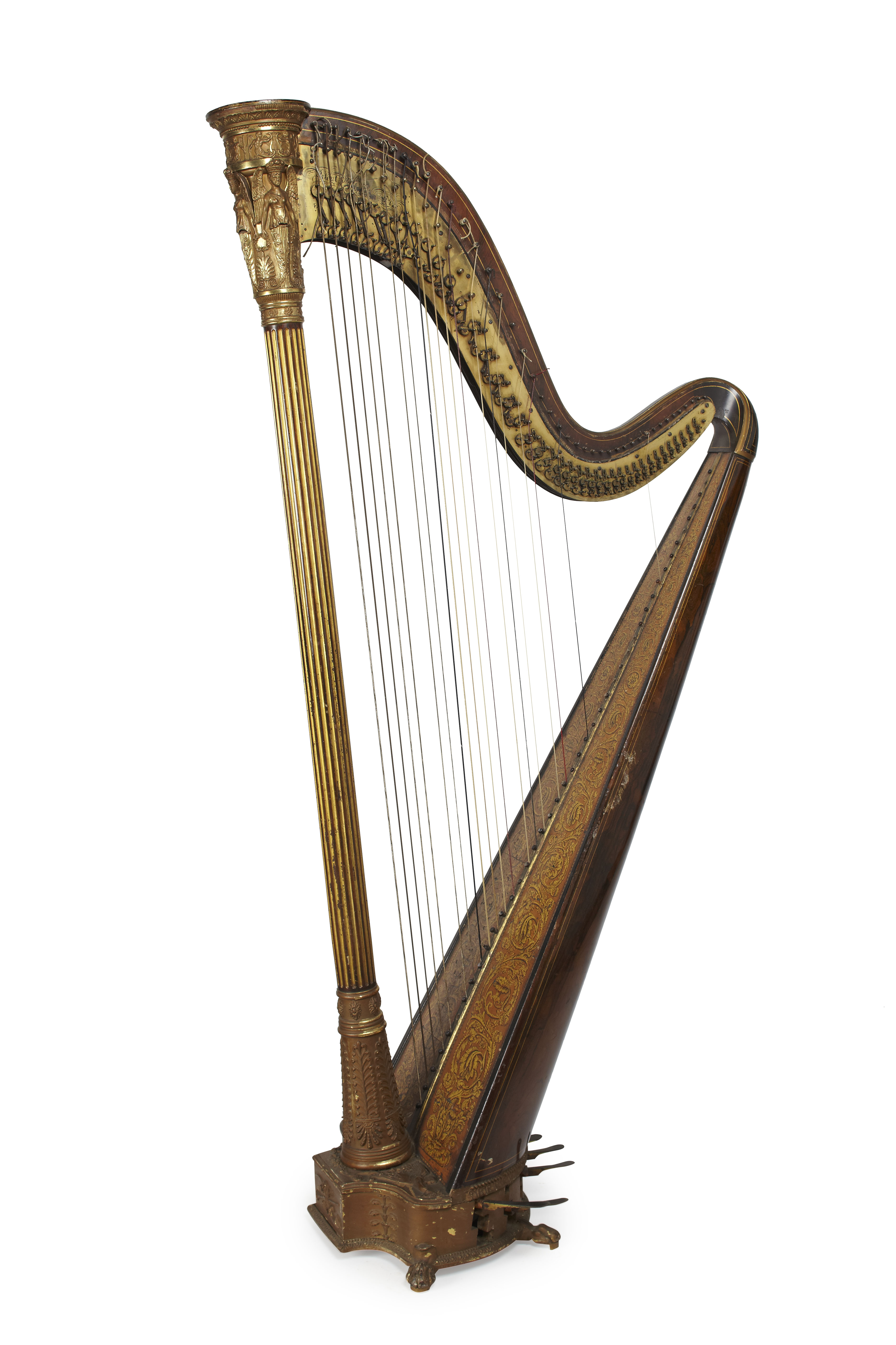 ROSEWOOD, MAPLE, GILT GESSO AND PENWORK HARP BY EMANUEL SERQUET