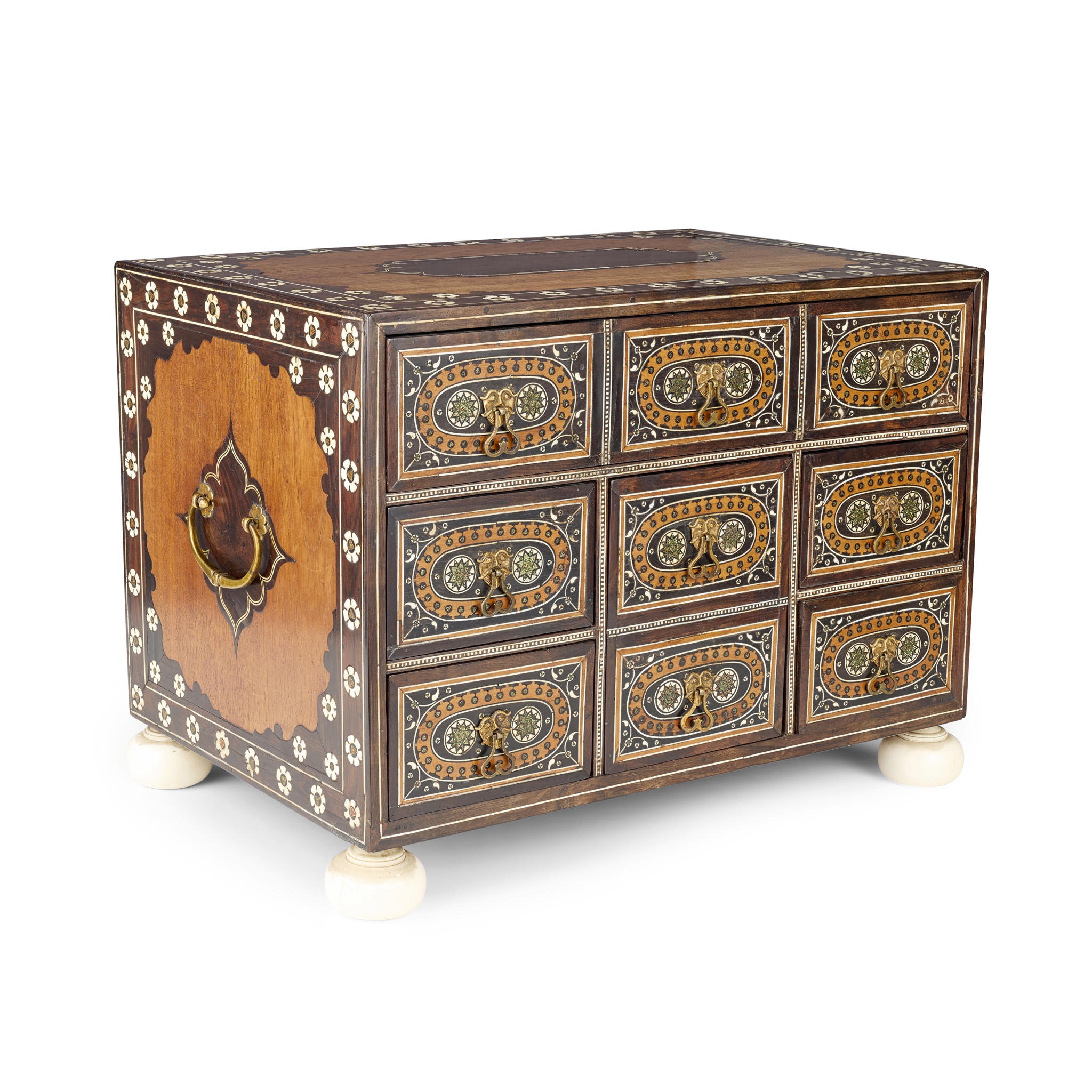 INDO-PORTUGUESE IVORY, BRASS AND SADELI INLAID HARDWOOD AND ROSEWOOD CABINET