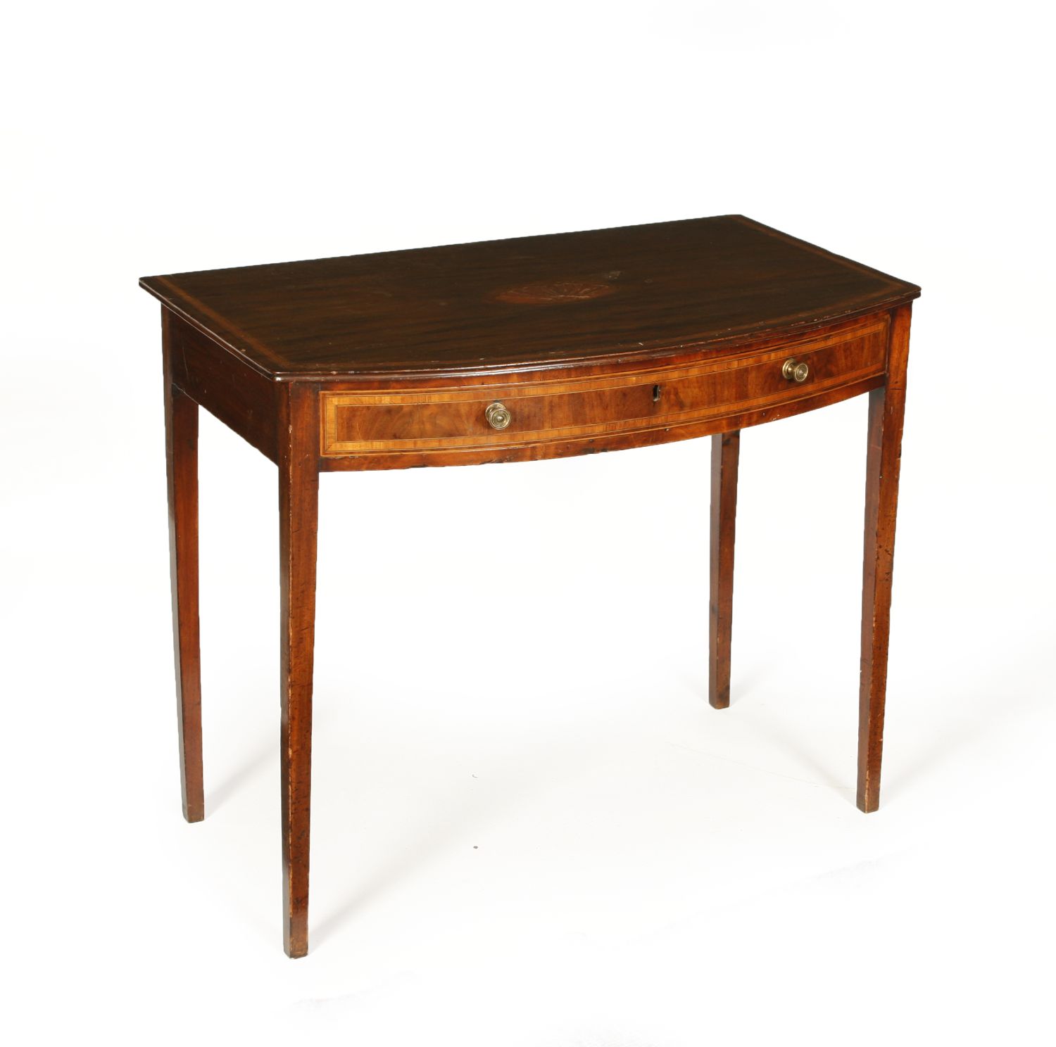 GEORGIAN MAHOGANY AND SATINWOOD CROSSBANDED BOWFRONT SIDE TABLE