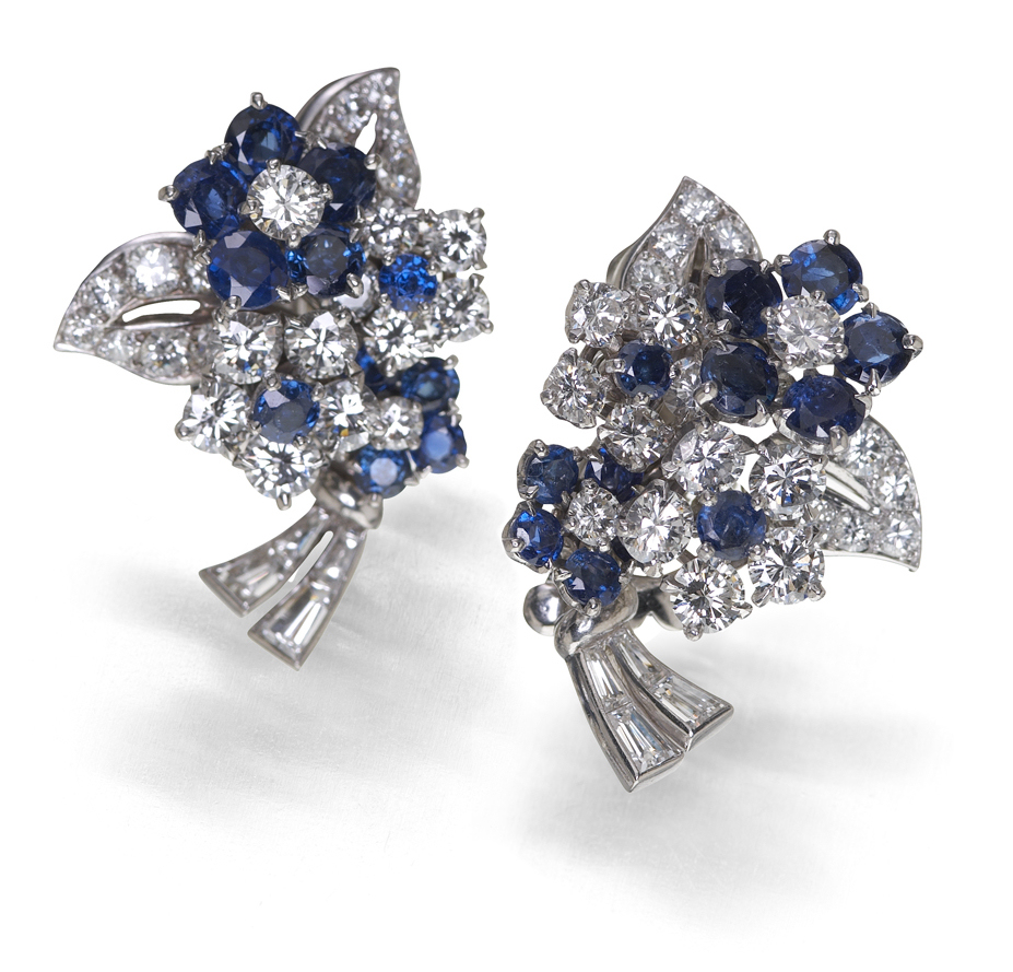 VAN CLEEF & ARPELS - a pair of 18ct white gold mounted floral cluster earrings,