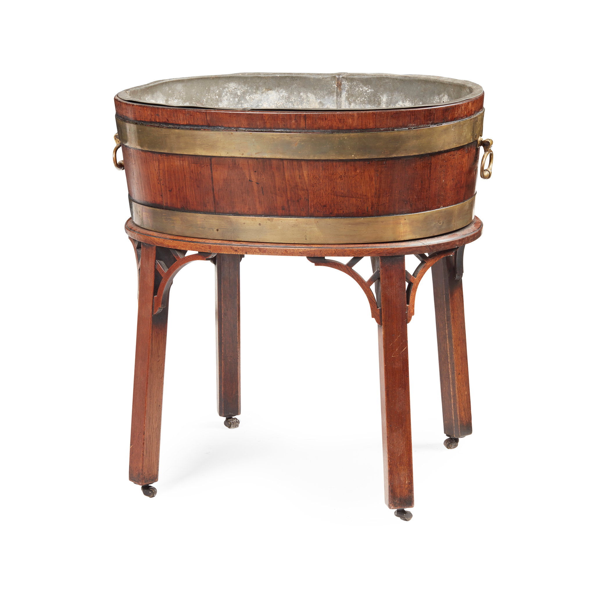 A GEORGE III MAHOGANY BRASS BANDED WINE COOLER ON STAND