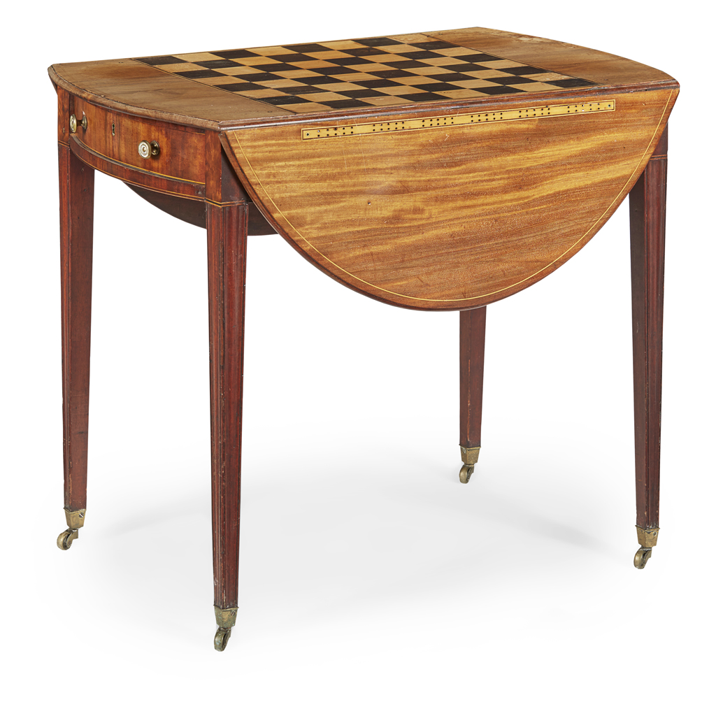 GEORGE III MAHOGANY, EBONY AND SATINWOOD PEMBROKE GAMES TABLE