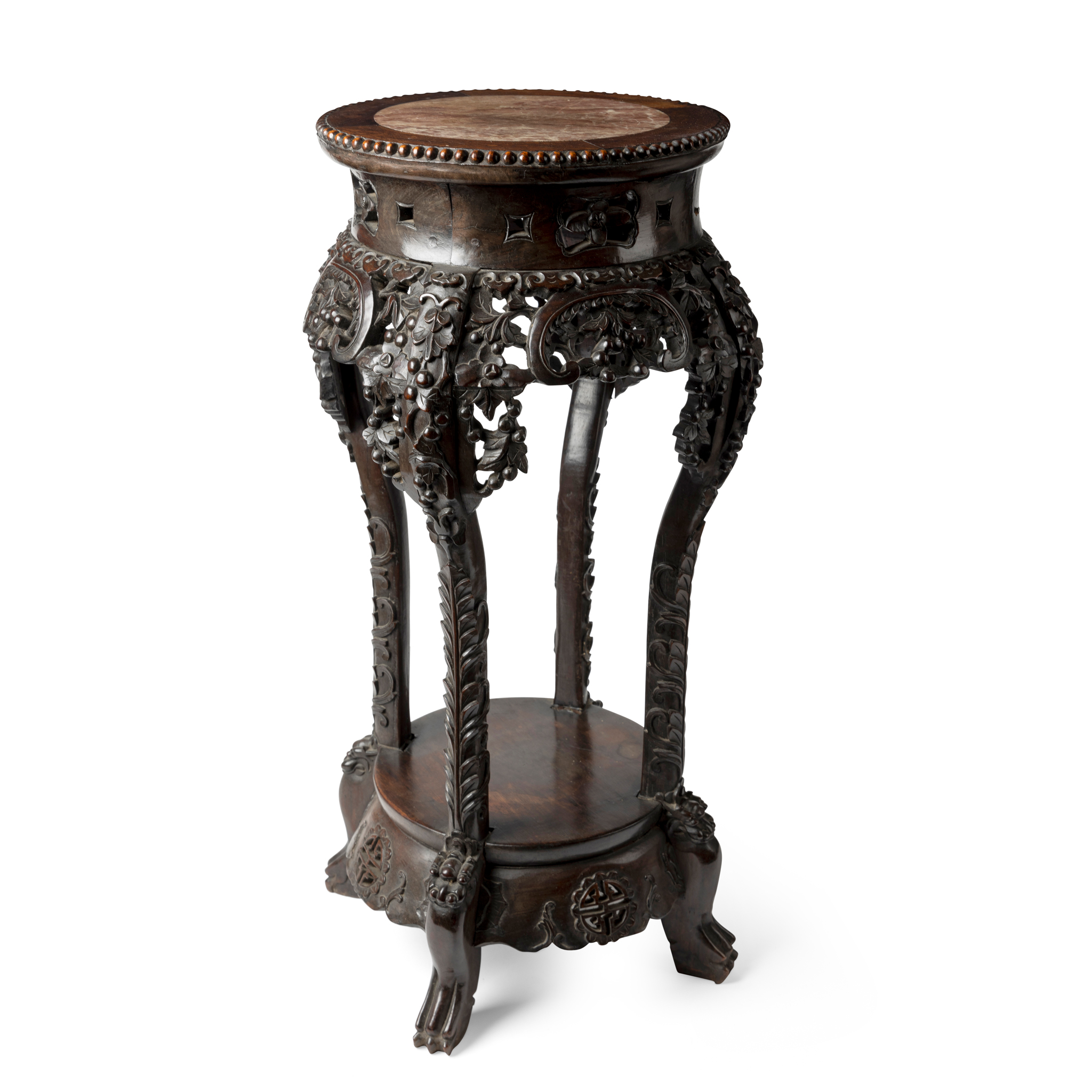 CHINESE CARVED HARDWOOD MARBLE-INALID JARDINIÈRE STAND