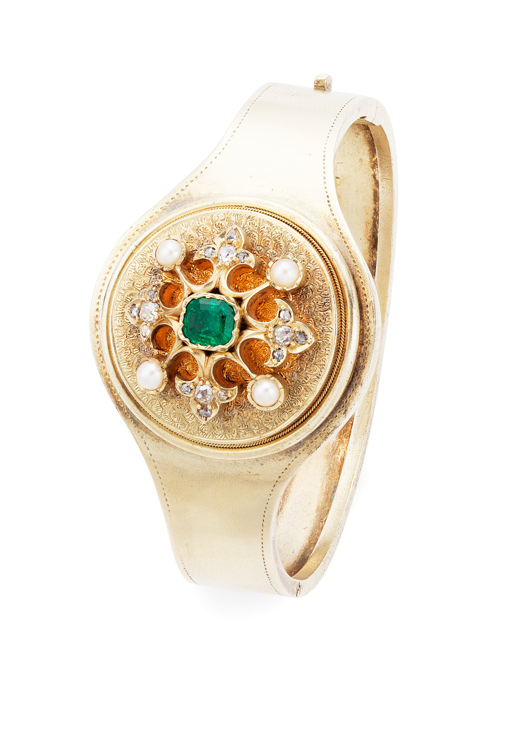 A Victorian emerald, diamond and pearl set bangle