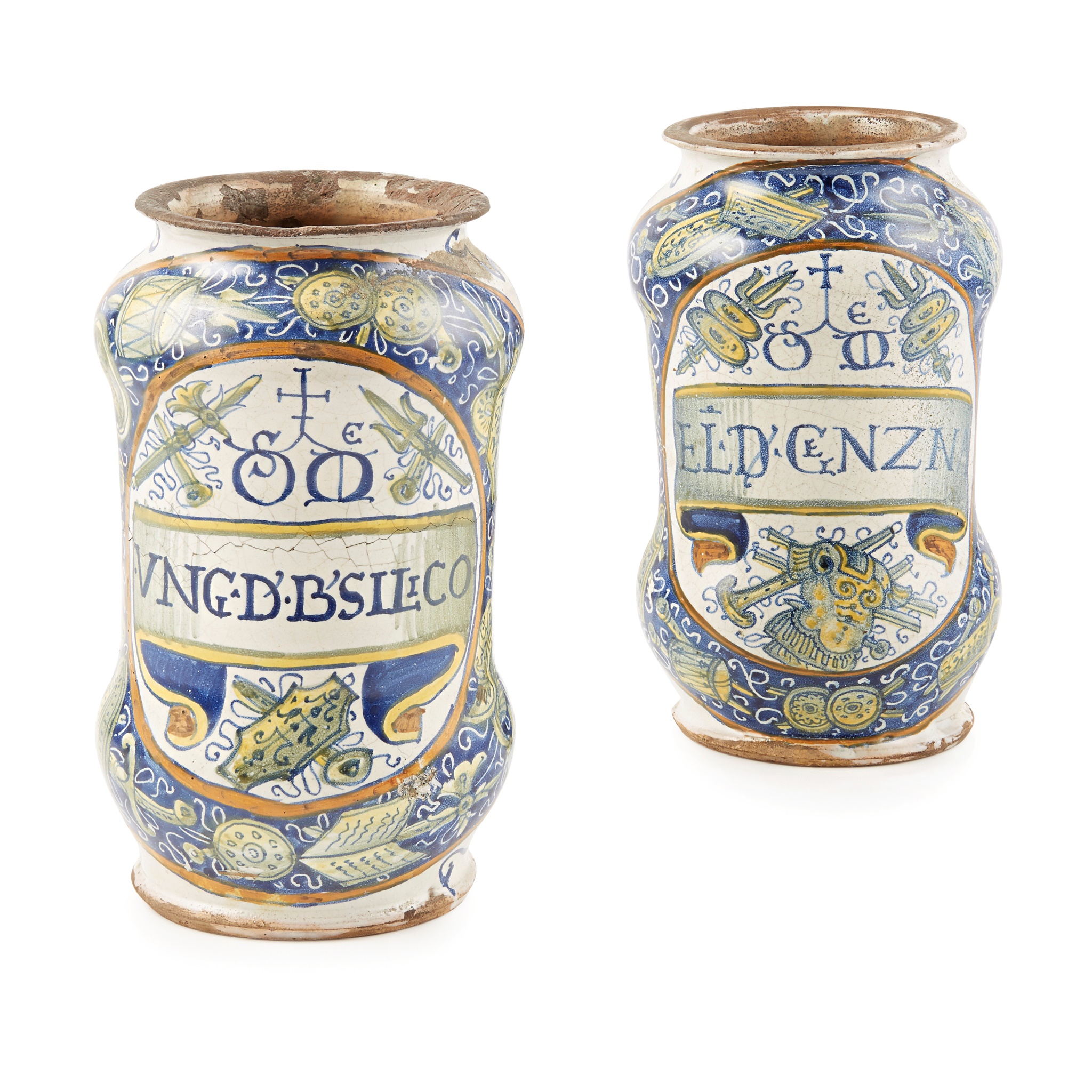 PAIR OF UNRECORDED ITALIAN MAIOLICA ALBARELLOS, FROM A SET OF PHARMACY JARS BY ANDREA DI MARCO DI IACOPO DE LE SCINE