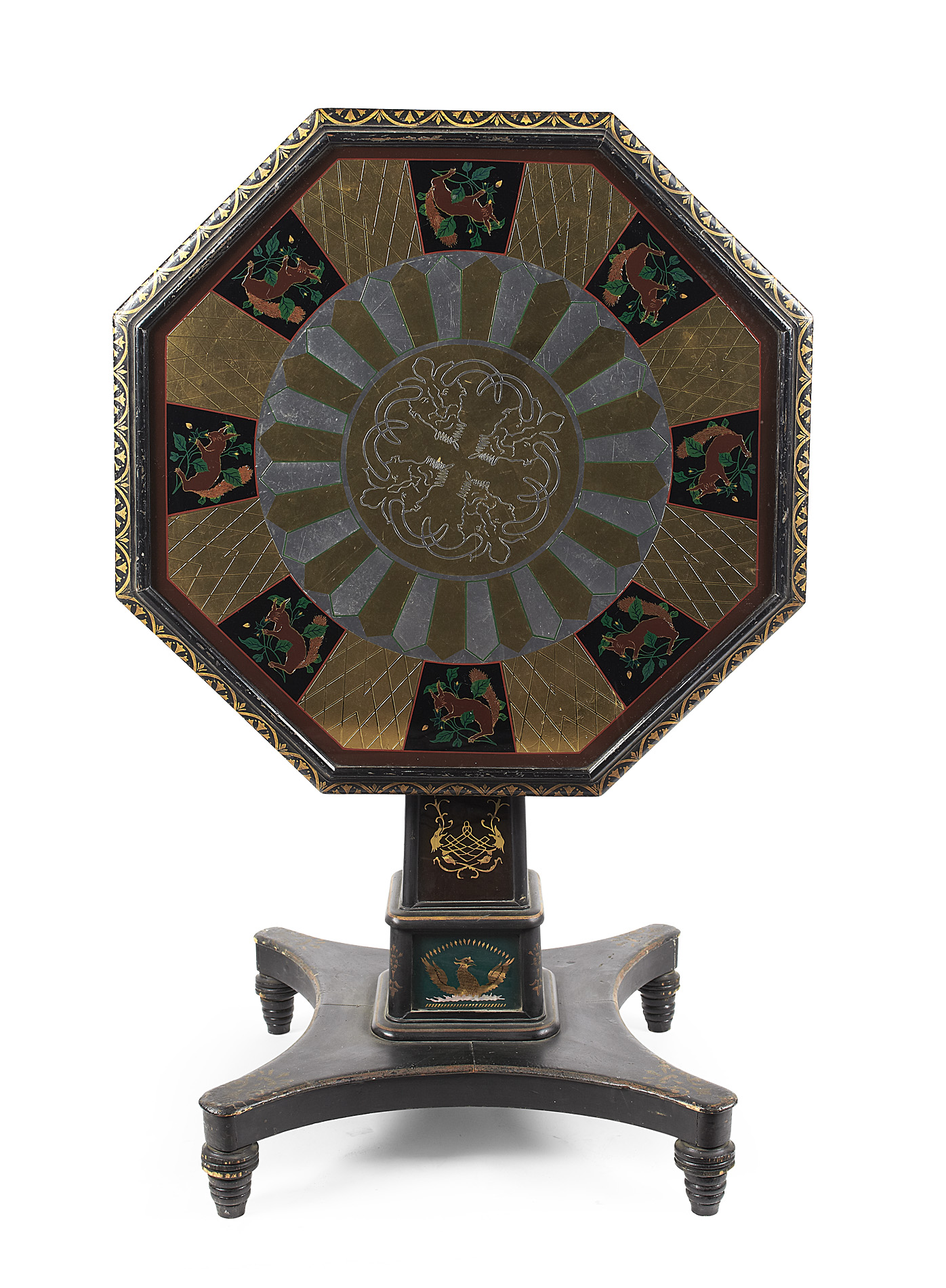 VICTORIAN EBONISED AND EGLOMISE MIRROR TOP CENTRE TABLE