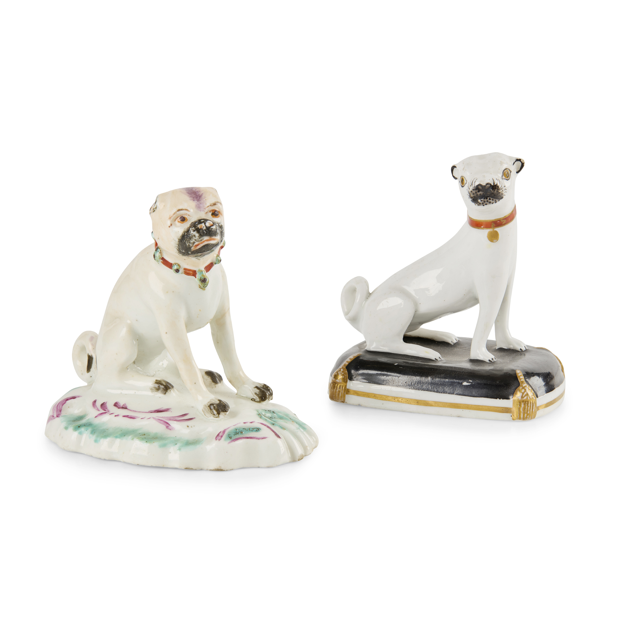 DERBY FIGURE OF A PUG DOG AND A RARE CHARLES BOURNE FIGURE OF A PUG DOG