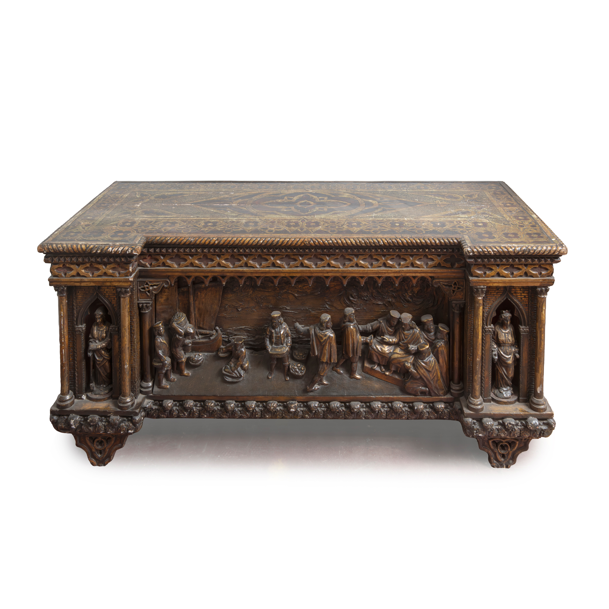 A RENAISSANCE REVIVAL STAINED, PAINTED AND GILTWOOD CASSONE