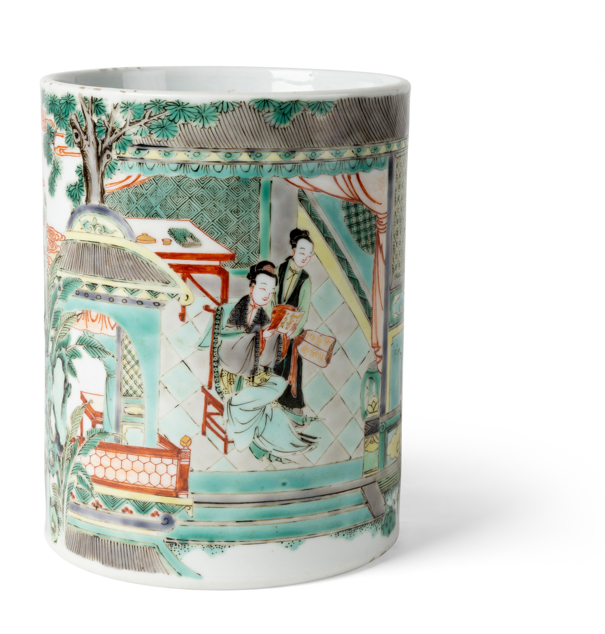 CHINESE FAMILLE VERTE 'FIGURAL' BRUSH POT