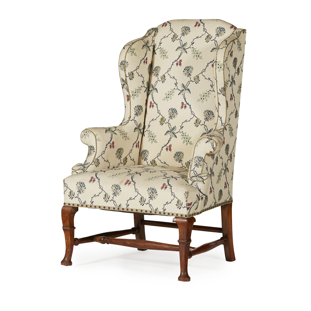 QUEEN ANNE STYLE OAK FRAMED WING ARMCHAIR