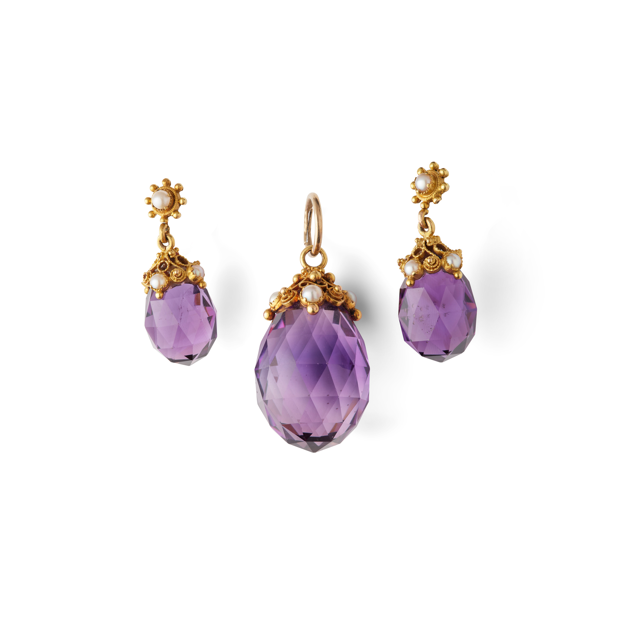 An amethyst and seed pearl pendant and matching earrings