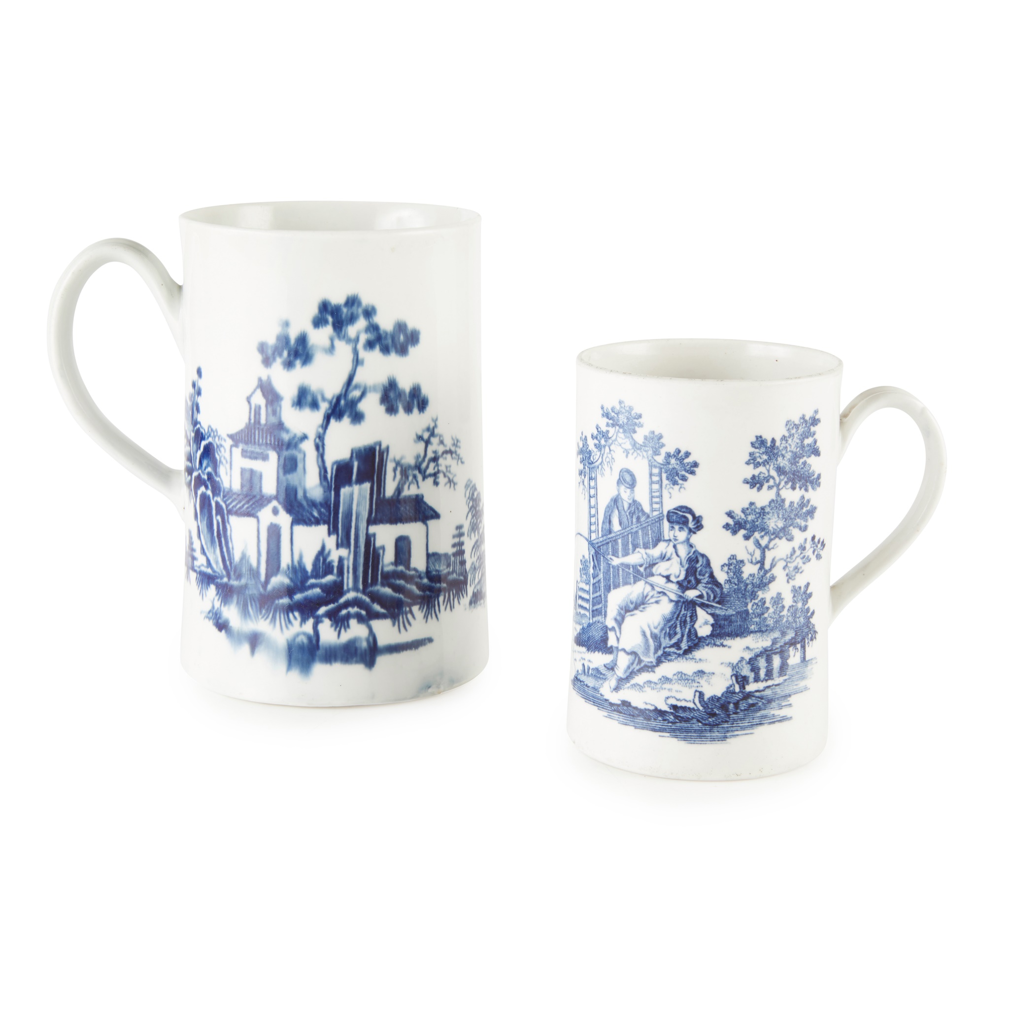 TWO WORCESTER PORCELAIN BLUE AND WHITE TANKARDS