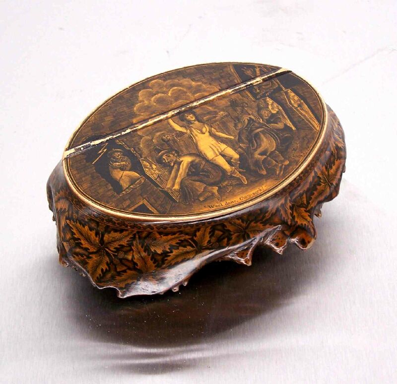 An early 19th century Scottish burr elm and pen work snuff mull
