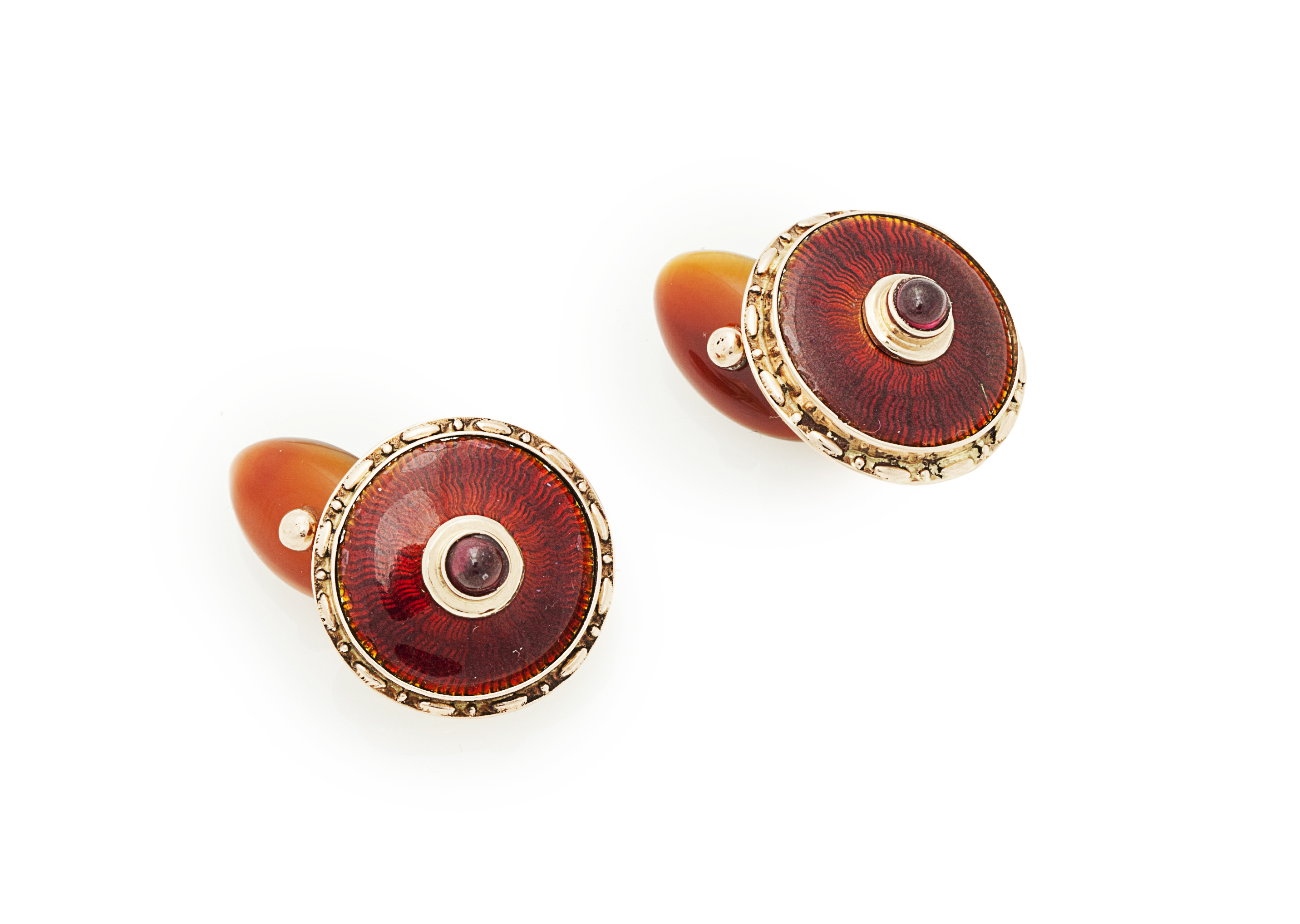 A pair of Russian 15ct gold enamel and amber cufflinks