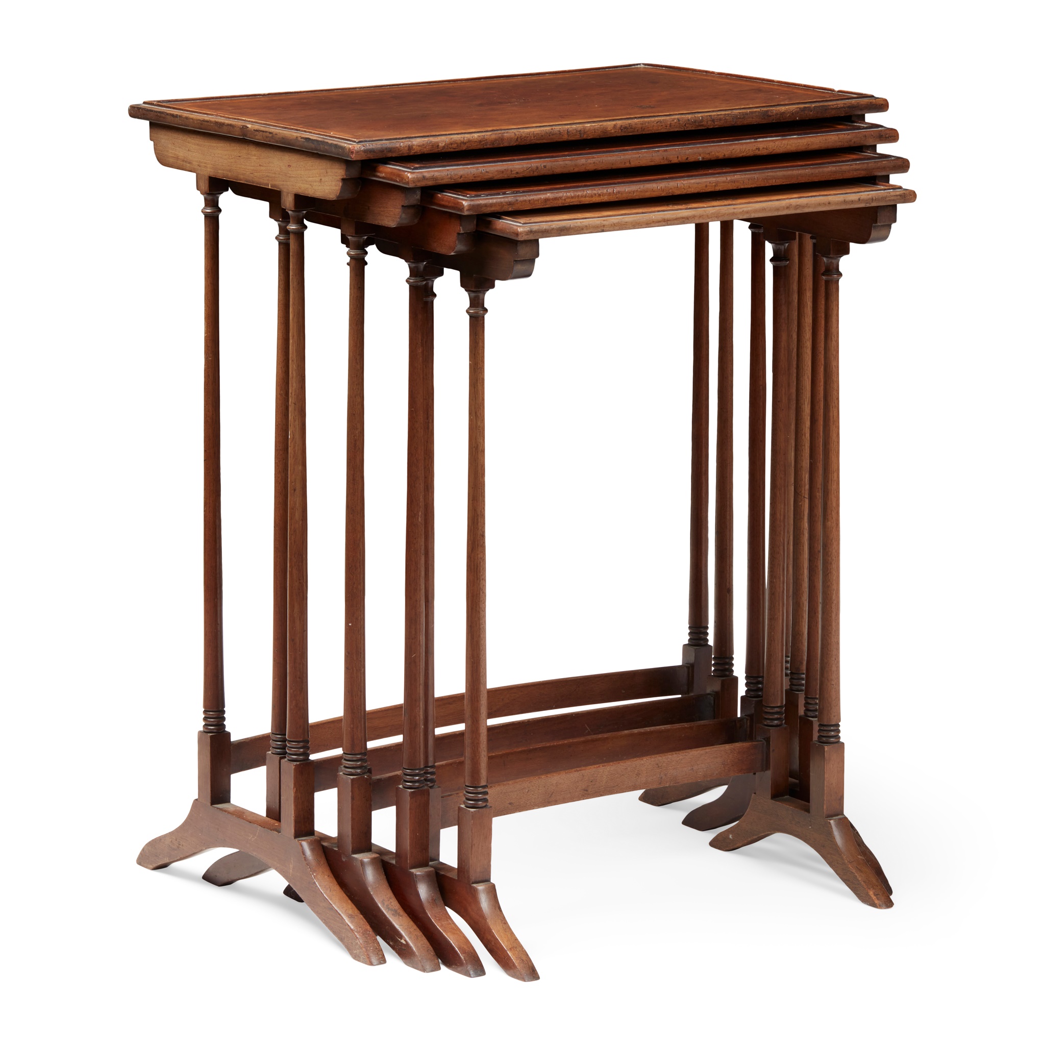 SET OF FOUR GEORGIAN STYLE MAHOGANY AND SATINWOOD BANDED NESTING TABLES