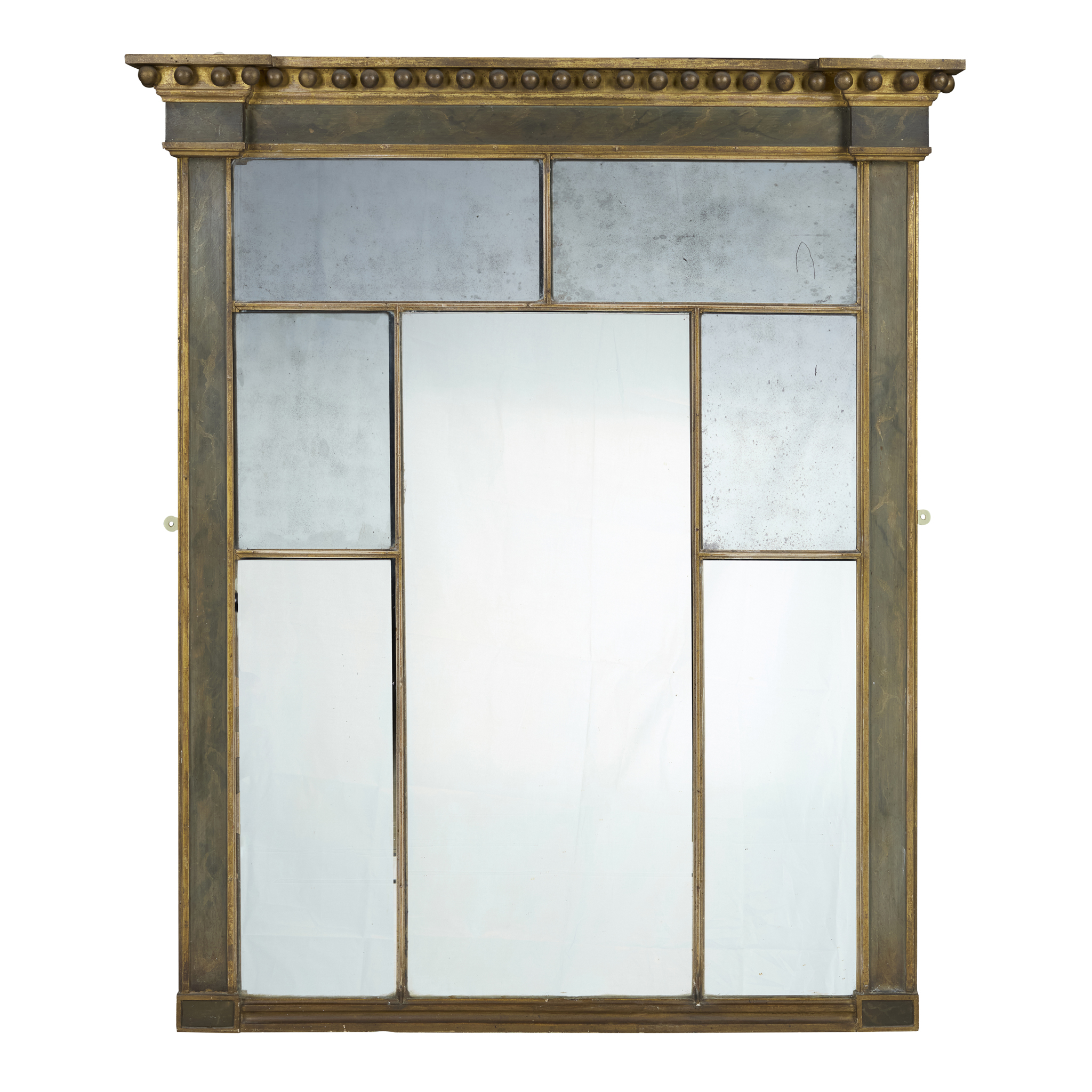 LATE GEORGIAN GILTWOOD AND GREY PAINTED OVERMANTEL MIRROR