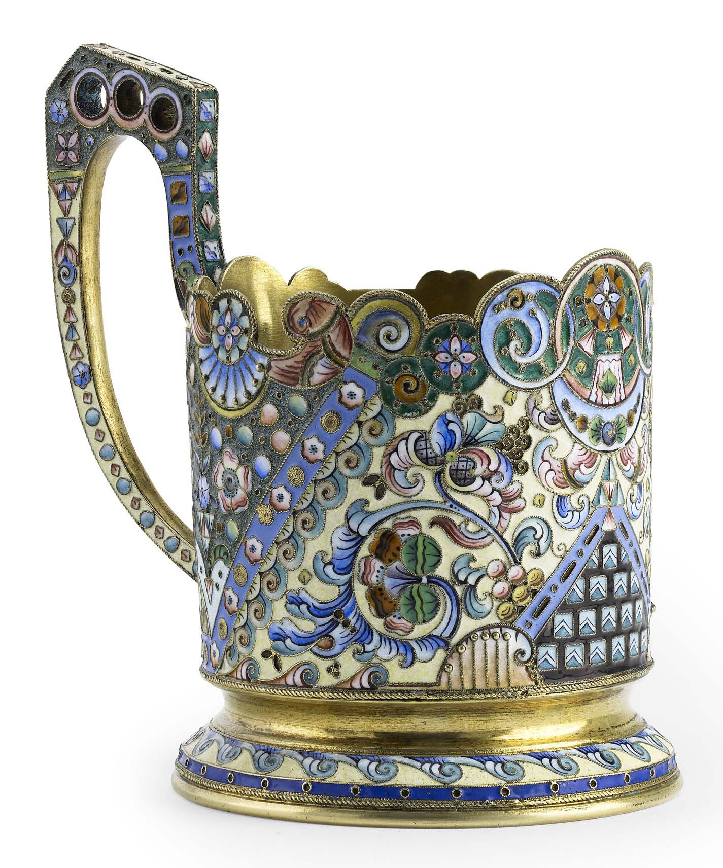 A Russian silver-gilt and cloisonné enamel tea-glass holder