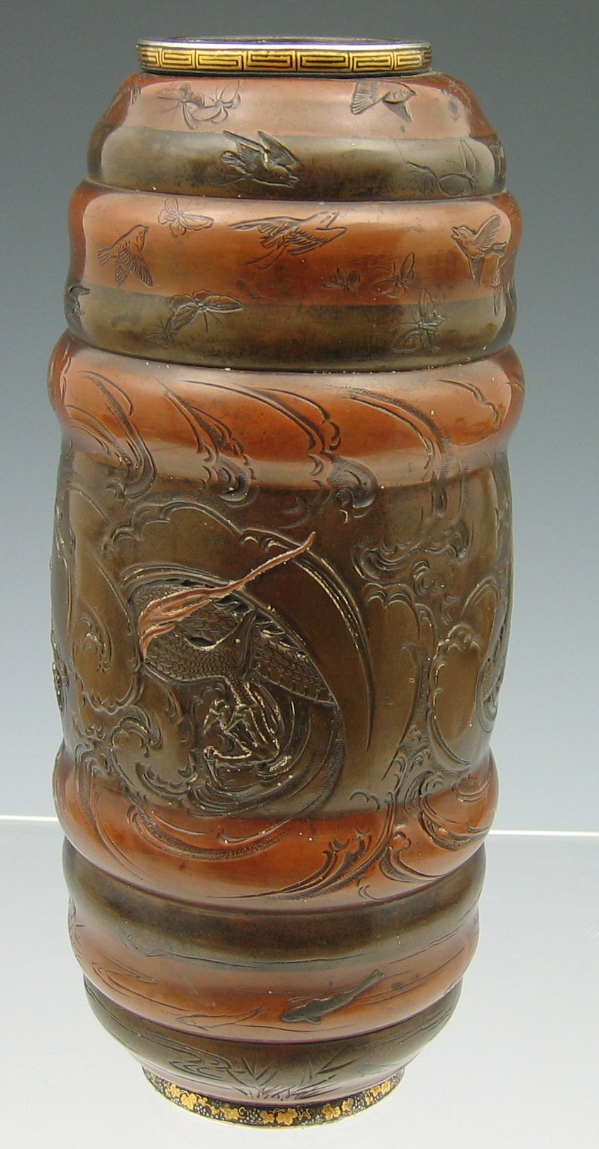A Japanese bronze and komai work vase, Meiji period,