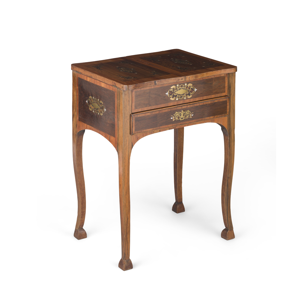 VICTORIAN KINGWOOD, ROSEWOOD, BRASS, TORTOISESHELL AND MOTHER-OF-PEARL INLAID POUDREUSE BY EDWARDS & ROBERTS