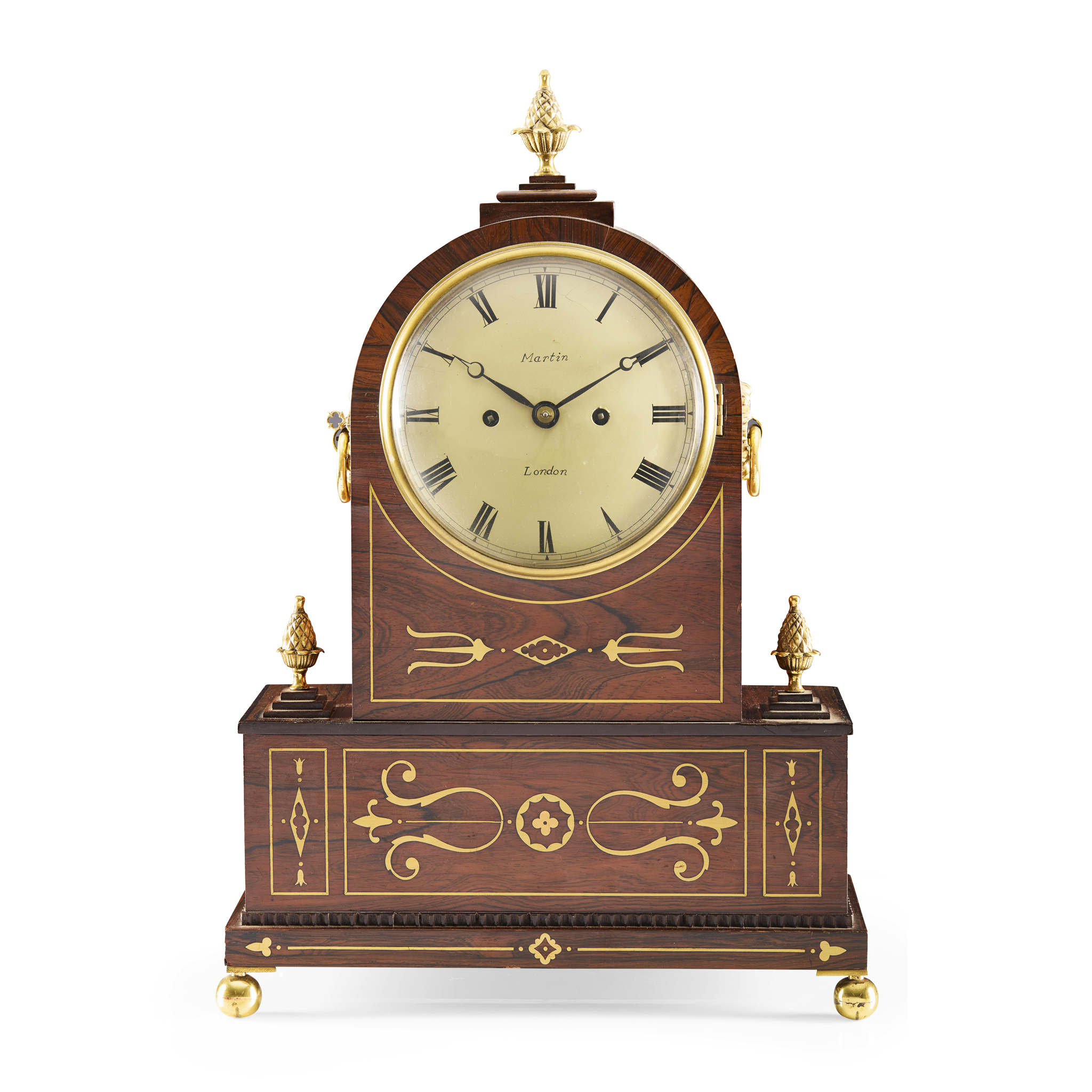 LATE REGENCY ROSEWOOD AND BRASS INLAID MANTEL CLOCK, MARTIN, LONDON