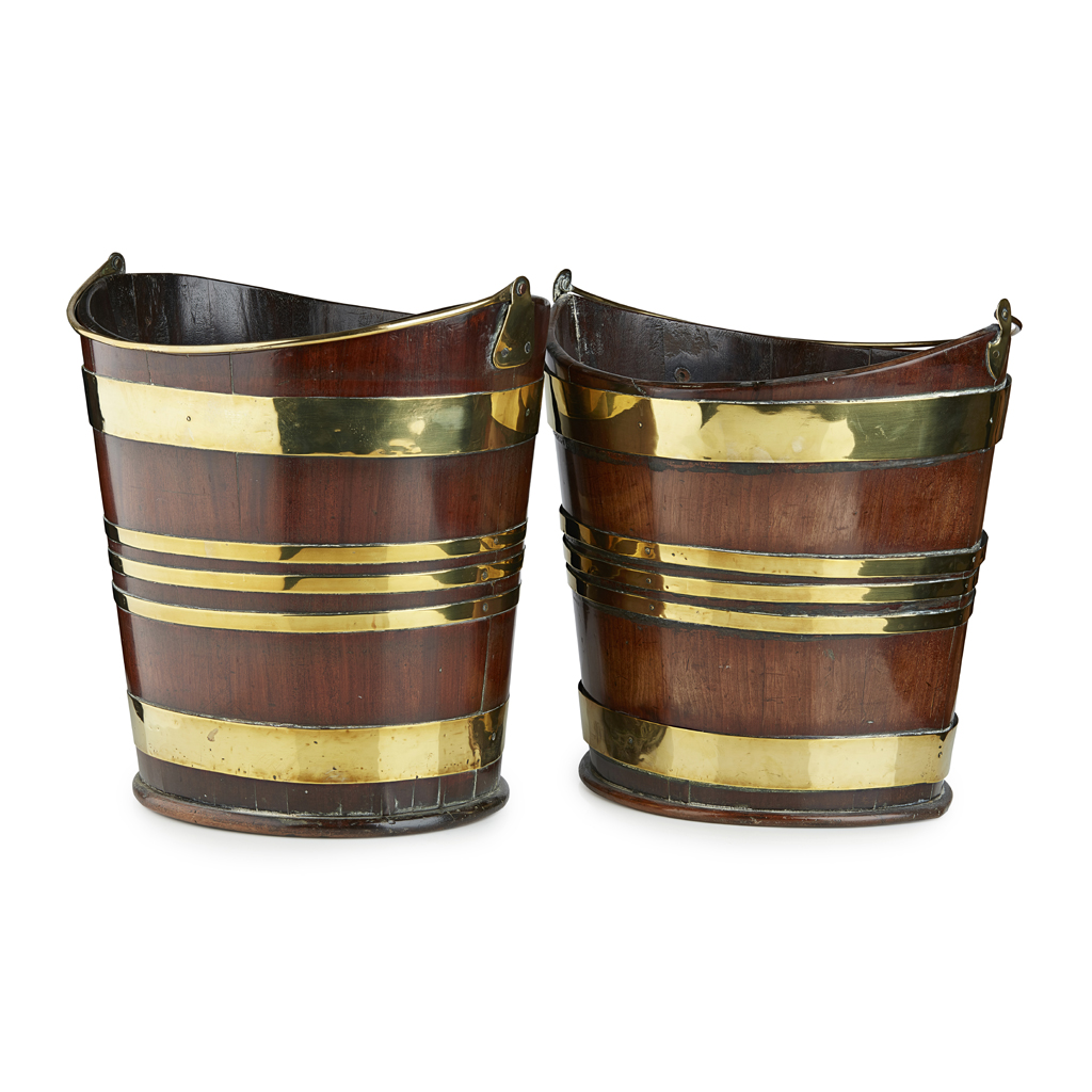 NEAR PAIR OF GEORGE III BRASS BANDED MAHOGANY PEAT BUCKETS
