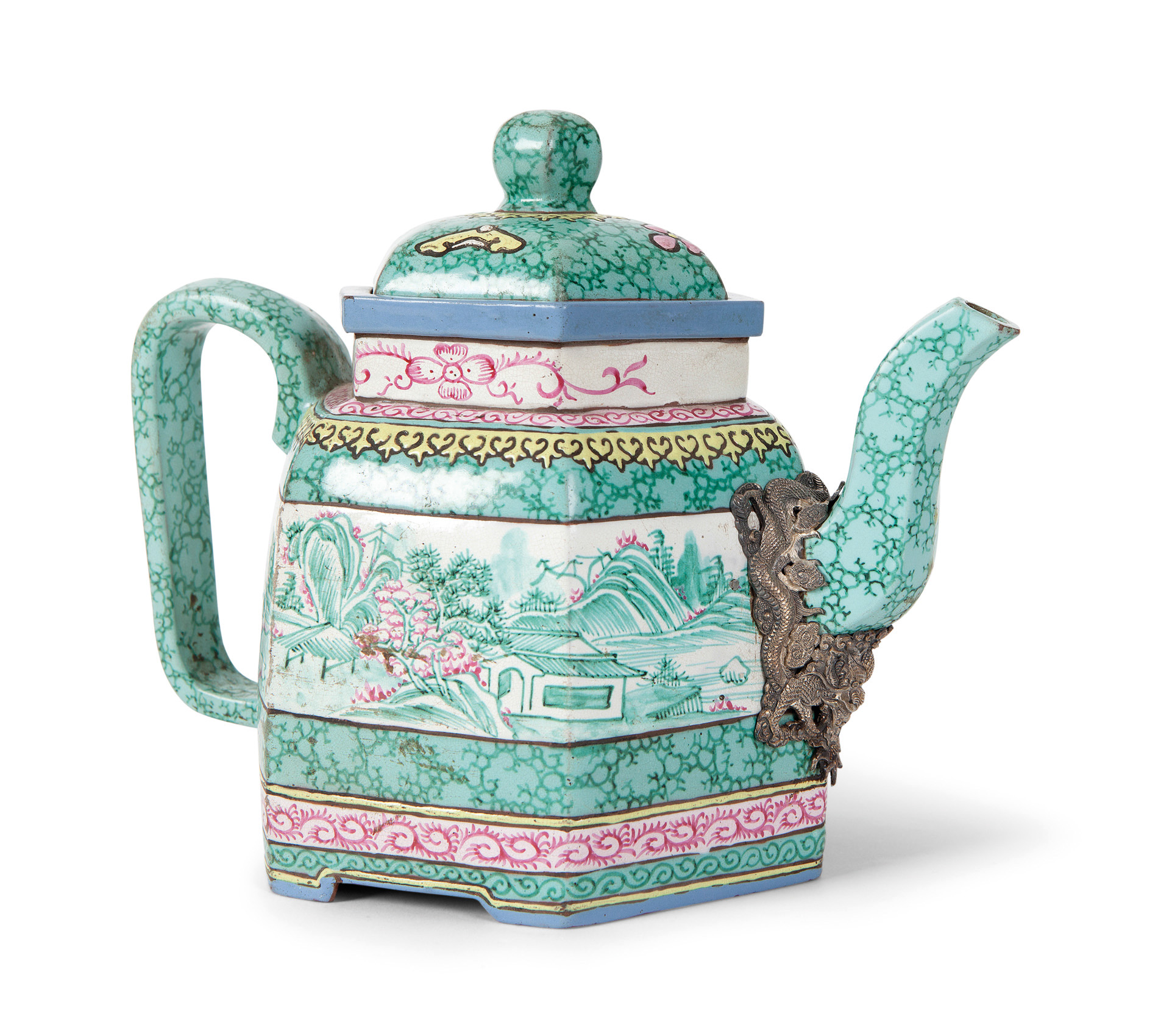 AN ENAMELLED AND METAL MOUNTED YIXING TEAPOT