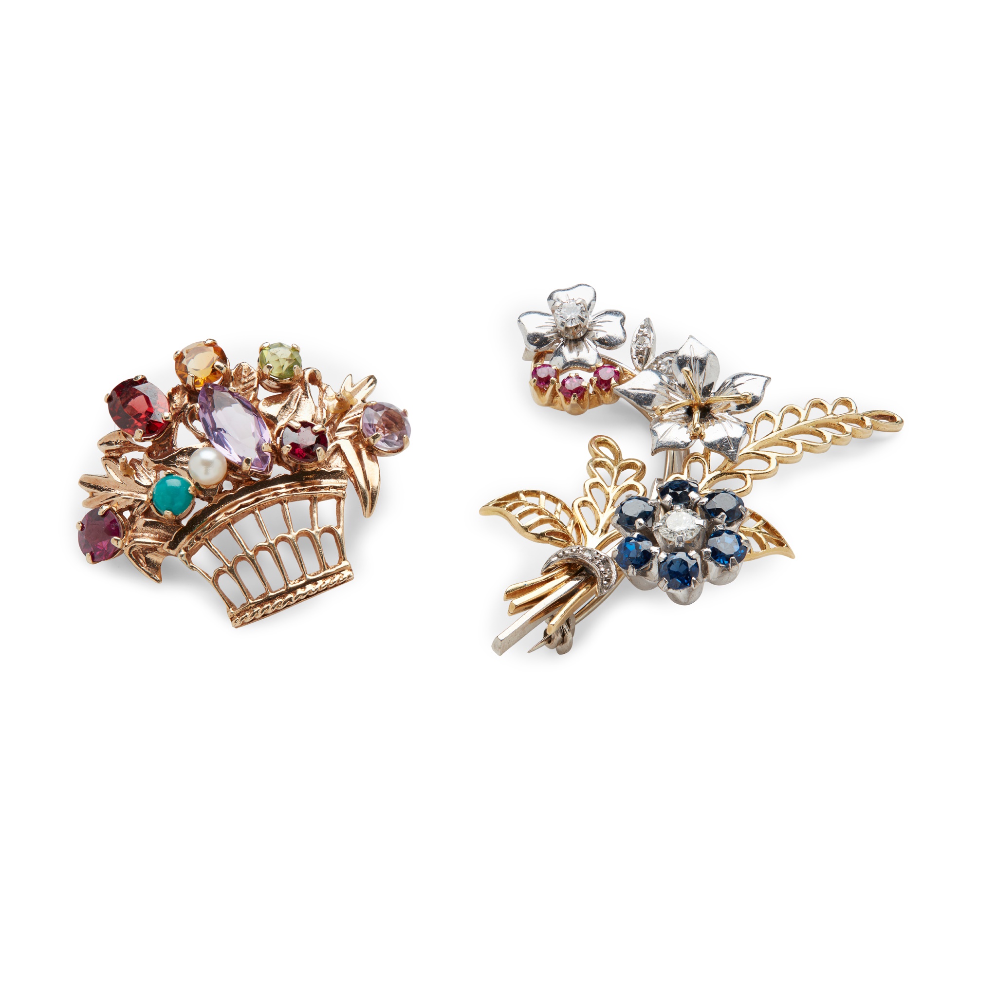 Two multi-gem set floral brooches